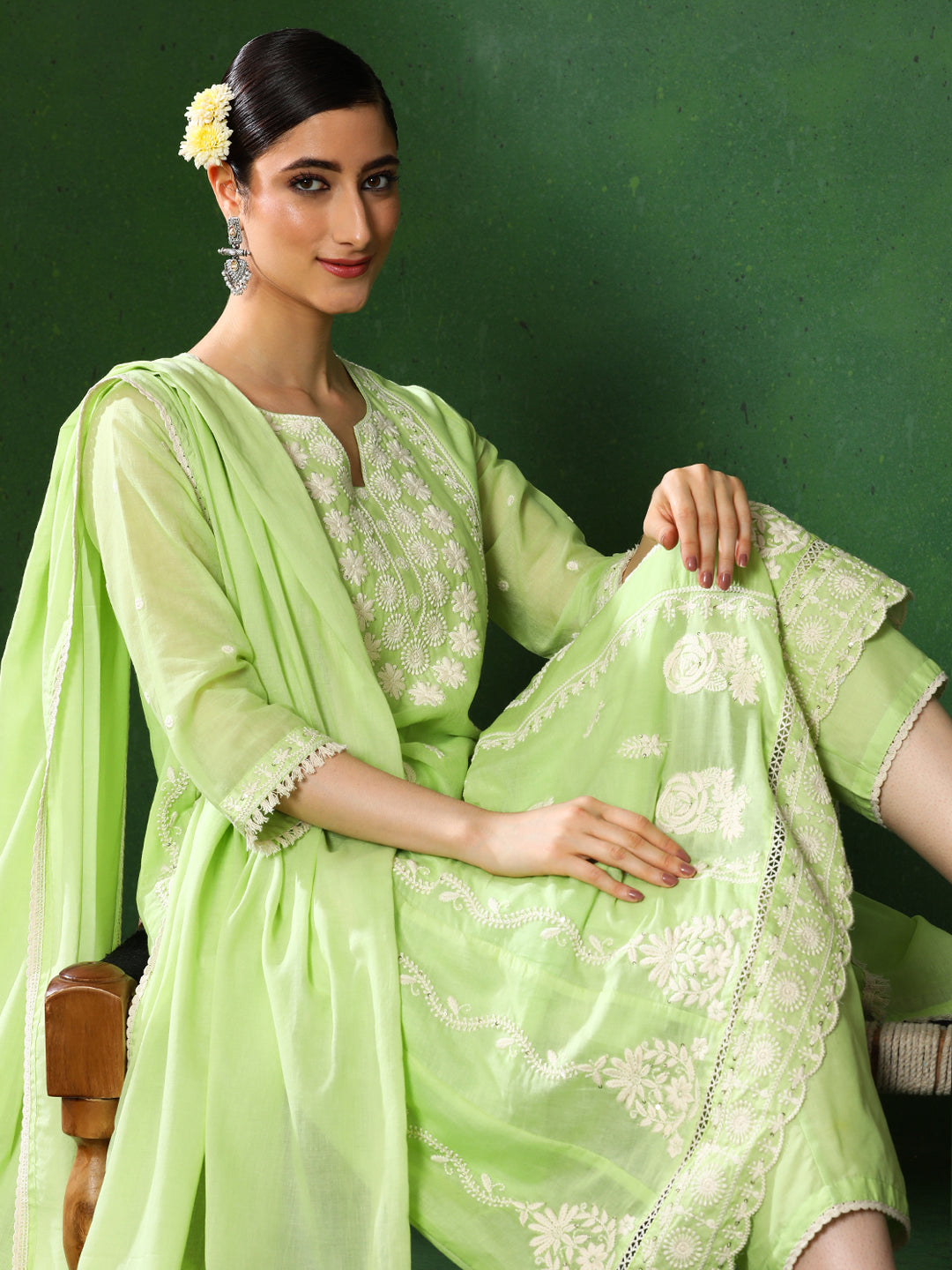 Floral Embroidered A-Line Pure Cotton Kurta & Trousers Sets