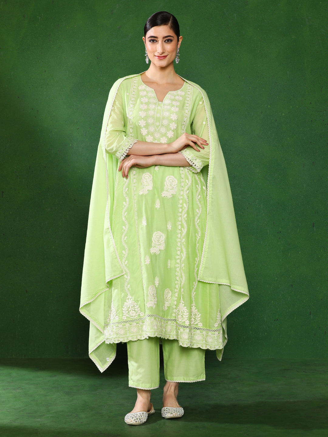 Floral Embroidered A-Line Pure Cotton Kurta & Trousers Sets