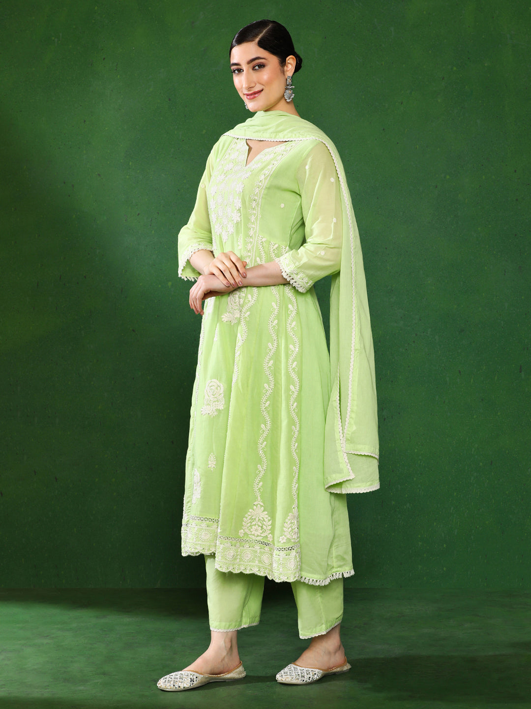 Floral Embroidered A-Line Pure Cotton Kurta & Trousers Sets