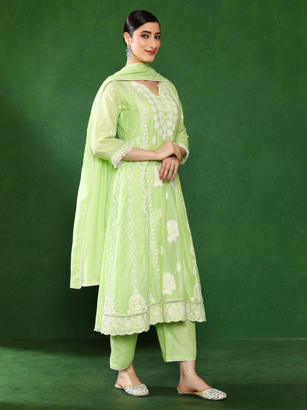 Floral Embroidered A-Line Pure Cotton Kurta & Trousers Sets