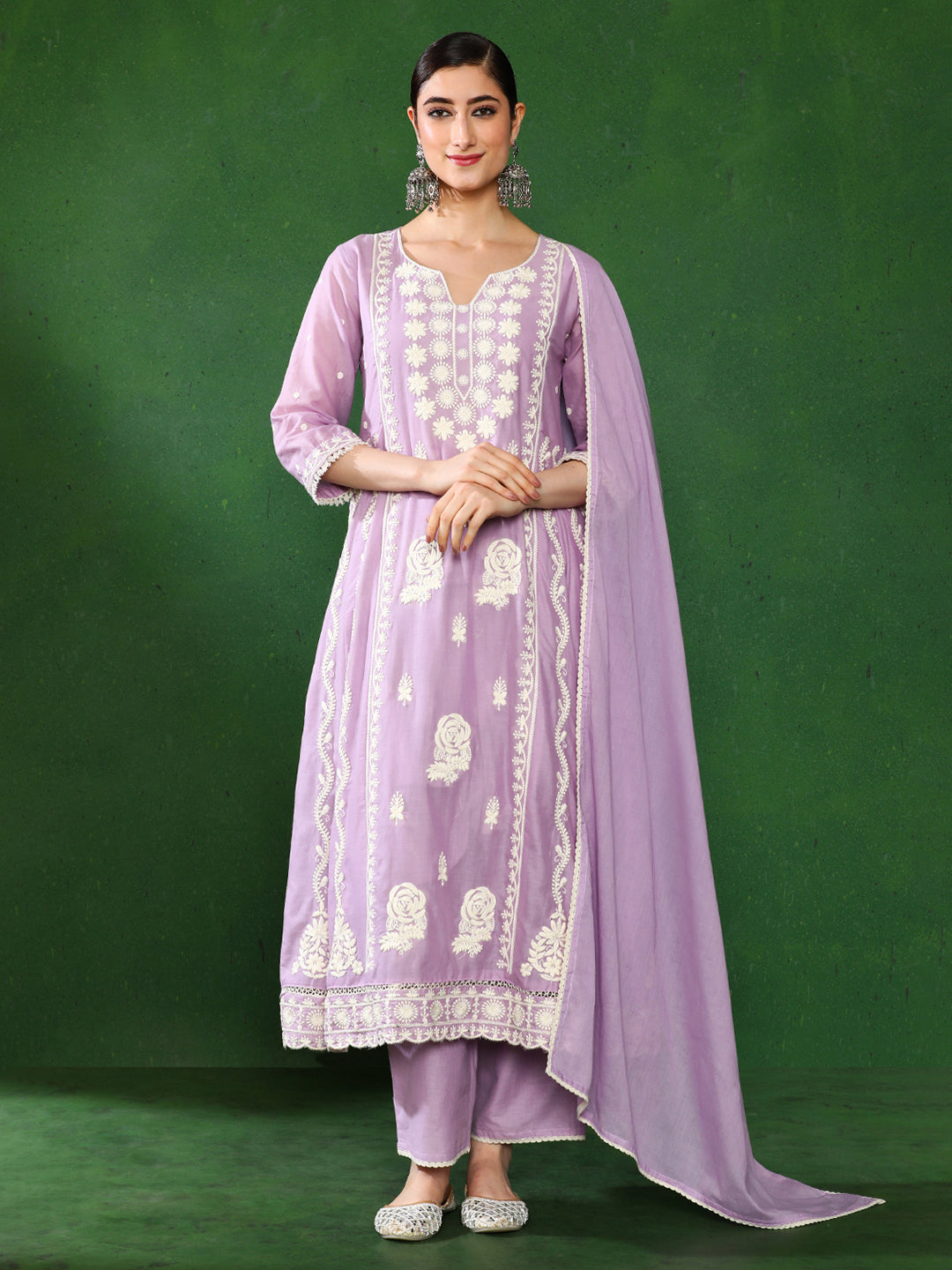 Floral Embroidered A-Line Pure Cotton Kurta & Trousers Sets