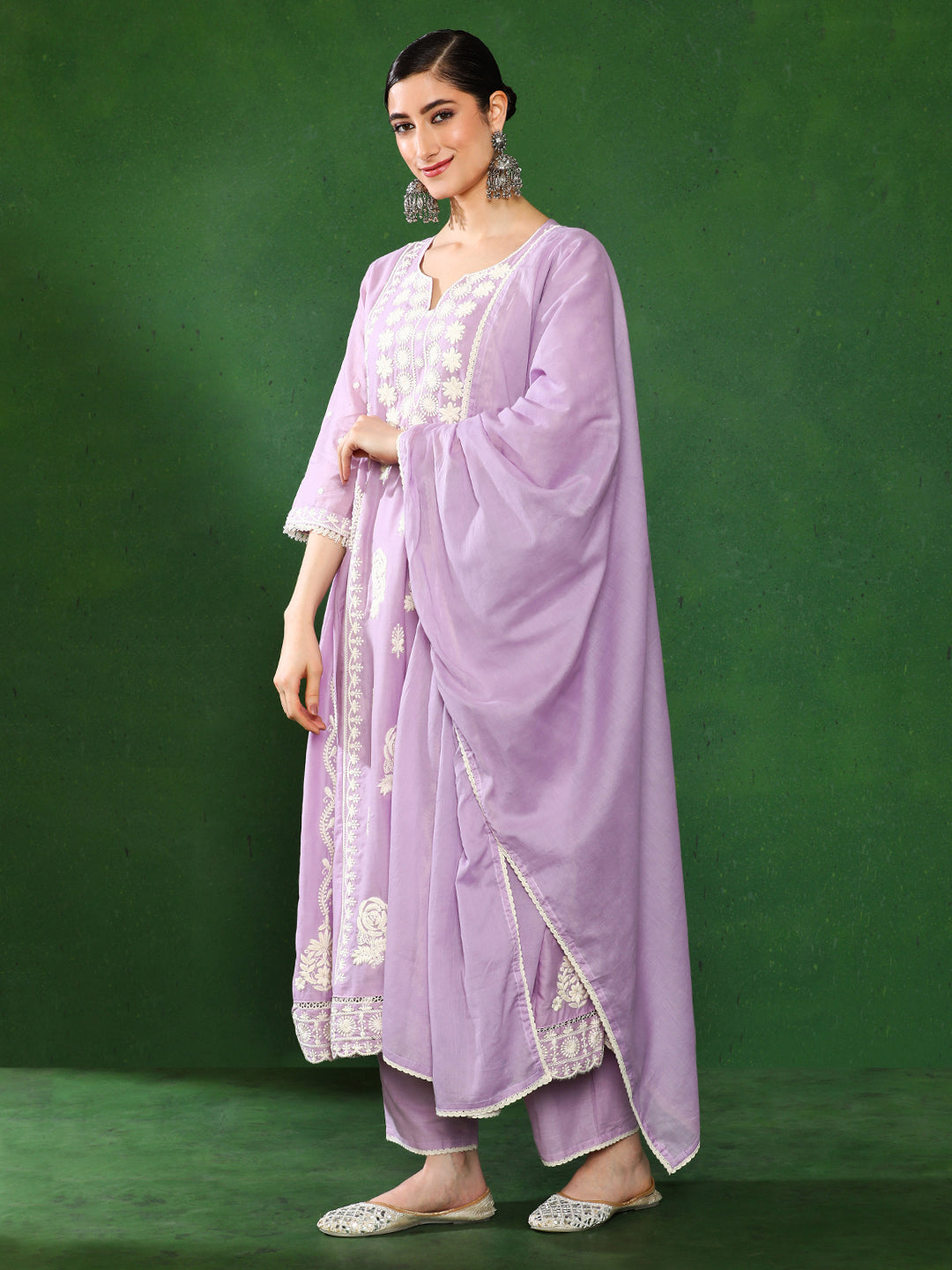 Floral Embroidered A-Line Pure Cotton Kurta & Trousers Sets