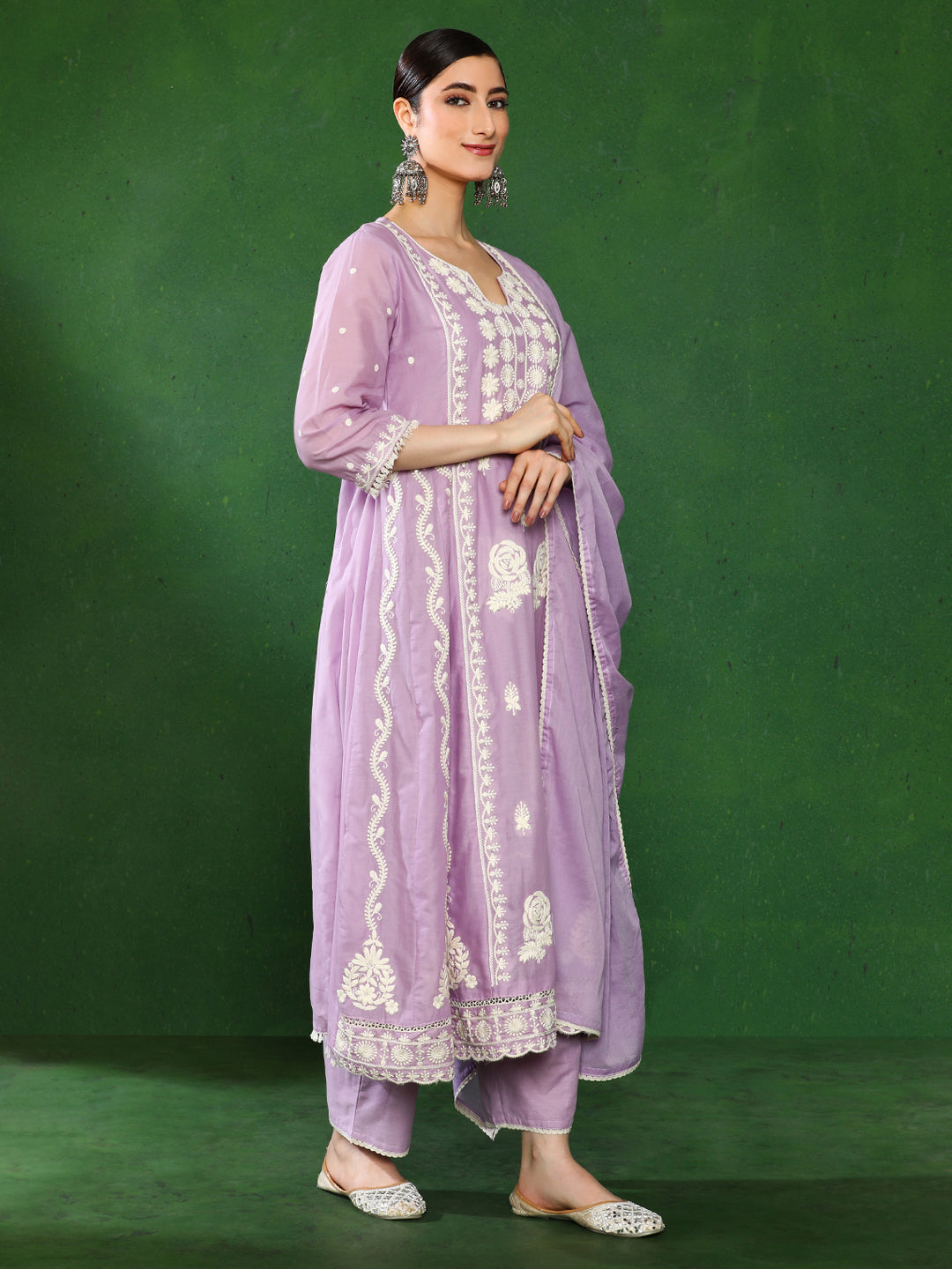 Floral Embroidered A-Line Pure Cotton Kurta & Trousers Sets