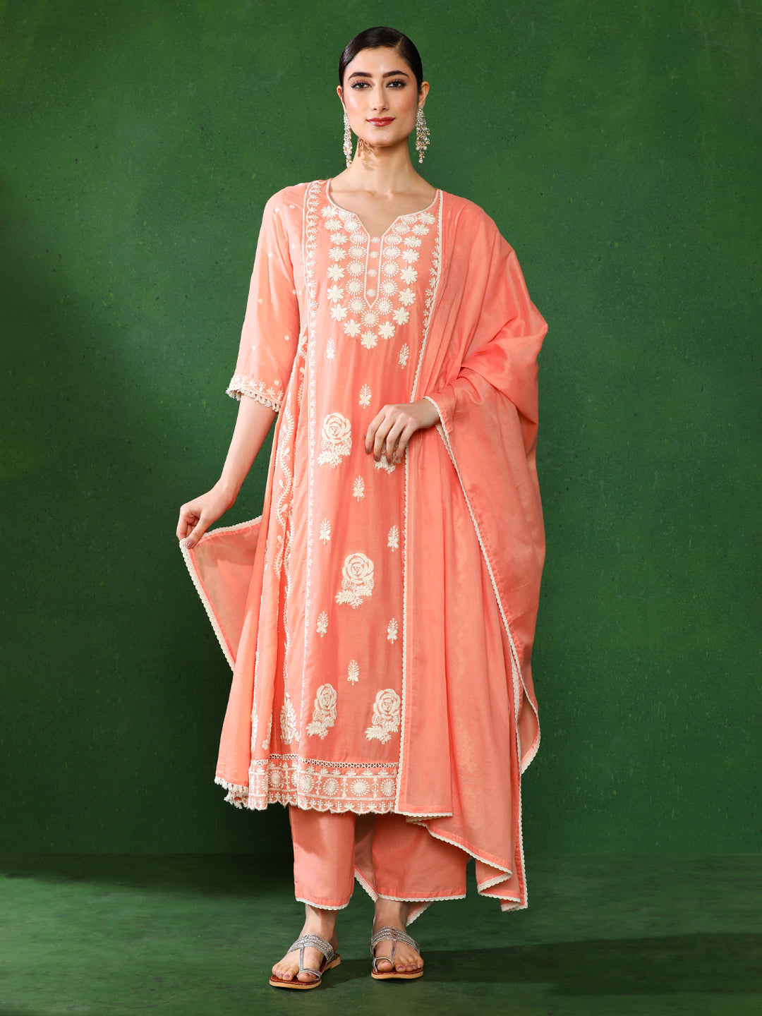 Floral Embroidered A-Line Pure Cotton Kurta & Trousers Sets