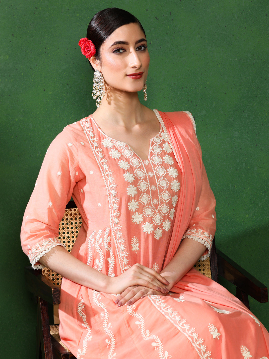 Floral Embroidered A-Line Pure Cotton Kurta & Trousers Sets