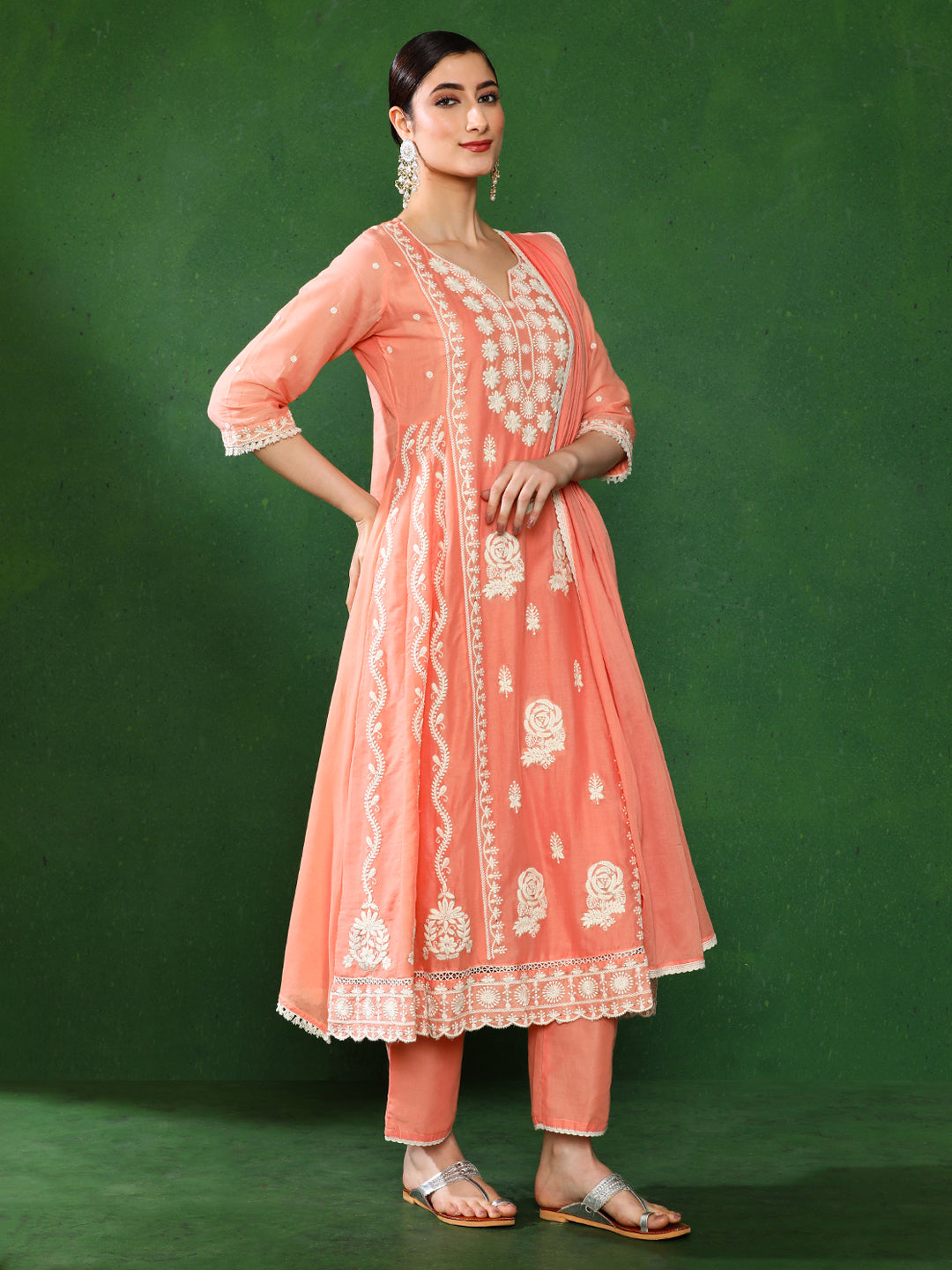 Floral Embroidered A-Line Pure Cotton Kurta & Trousers Sets
