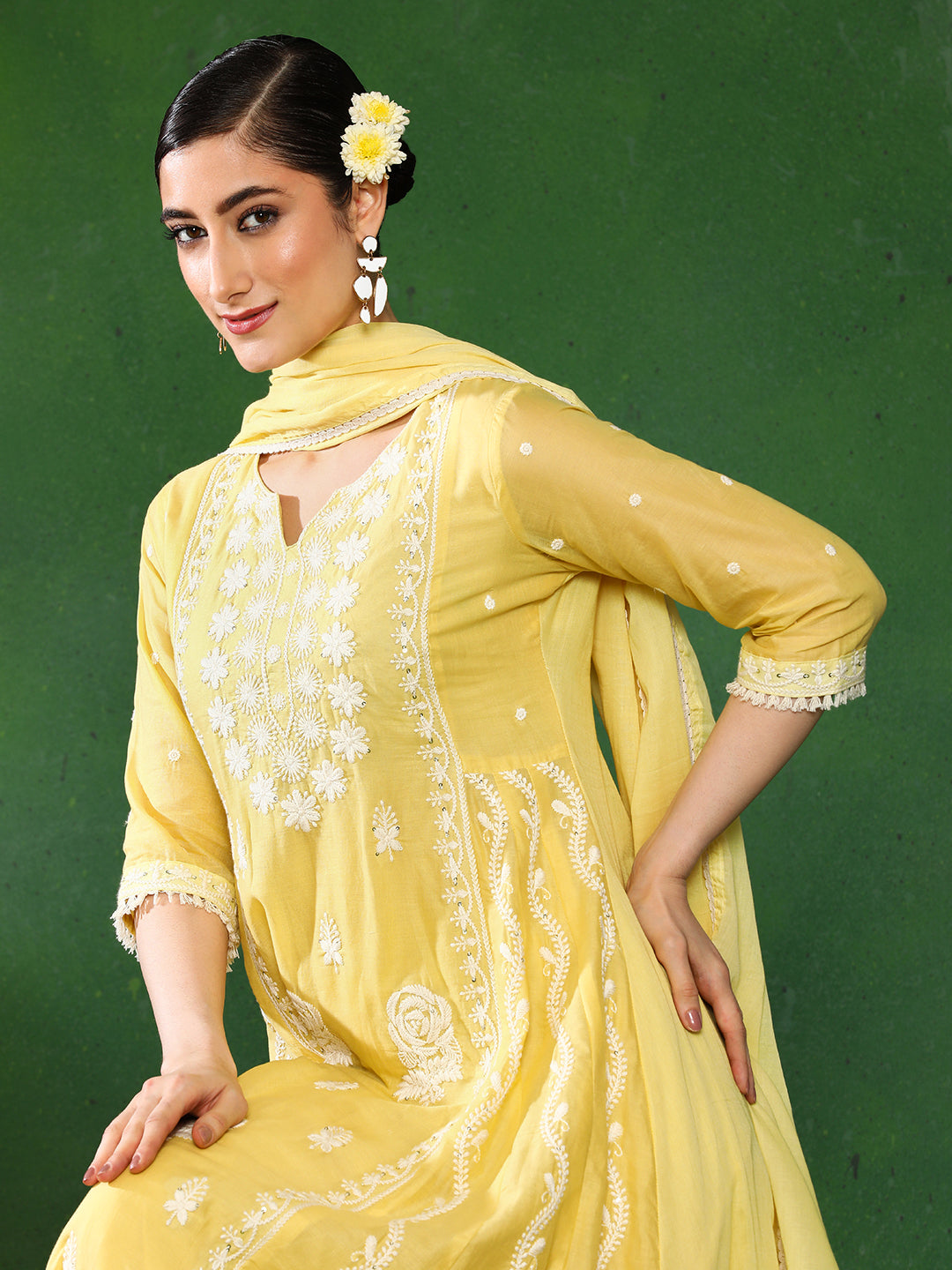 Floral Embroidered A-Line Pure Cotton Kurta & Trousers Sets
