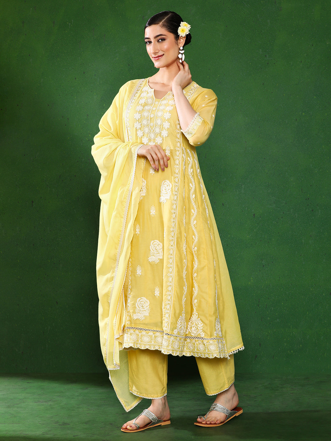 Floral Embroidered A-Line Pure Cotton Kurta & Trousers Sets