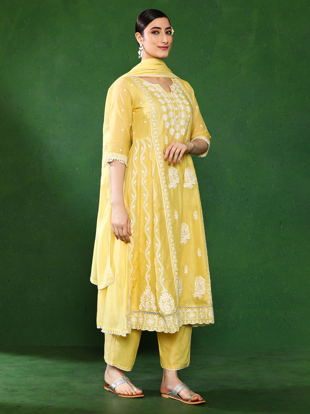 Floral Embroidered A-Line Pure Cotton Kurta & Trousers Sets