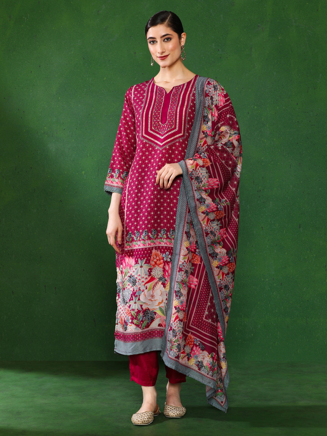 Floral Embroidered A-Line Kurta & Trousers Sets