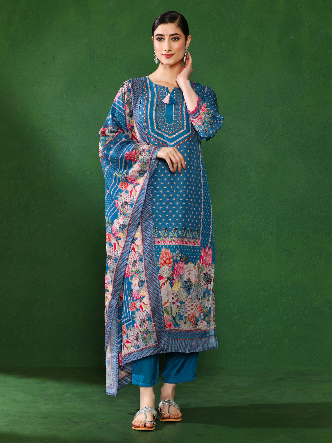 Floral Embroidered A-Line Kurta & Trousers Sets