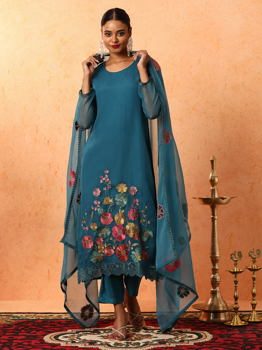 Floral Embroidered A-Line Organza Kurta & Trousers Sets