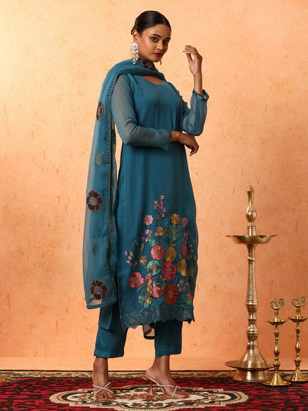 Floral Embroidered A-Line Organza Kurta & Trousers Sets