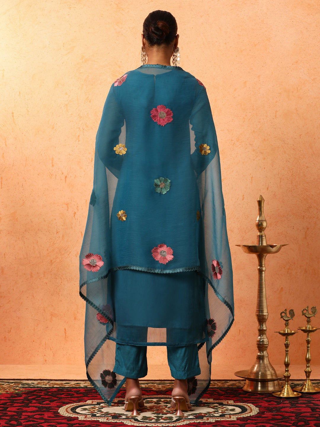 Floral Embroidered A-Line Organza Kurta & Trousers Sets