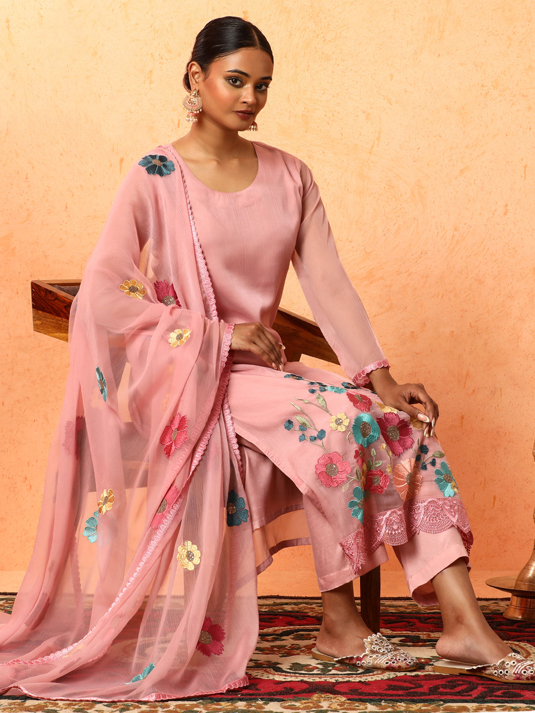 Floral Embroidered A-Line Organza Kurta & Trousers Sets
