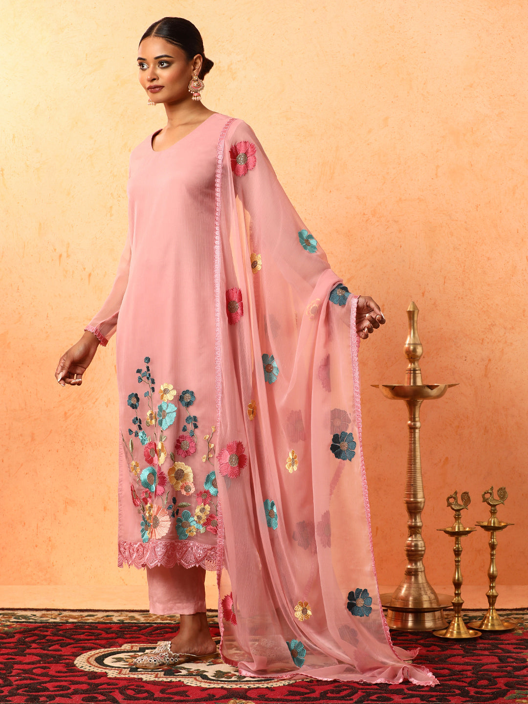 Floral Embroidered A-Line Organza Kurta & Trousers Sets