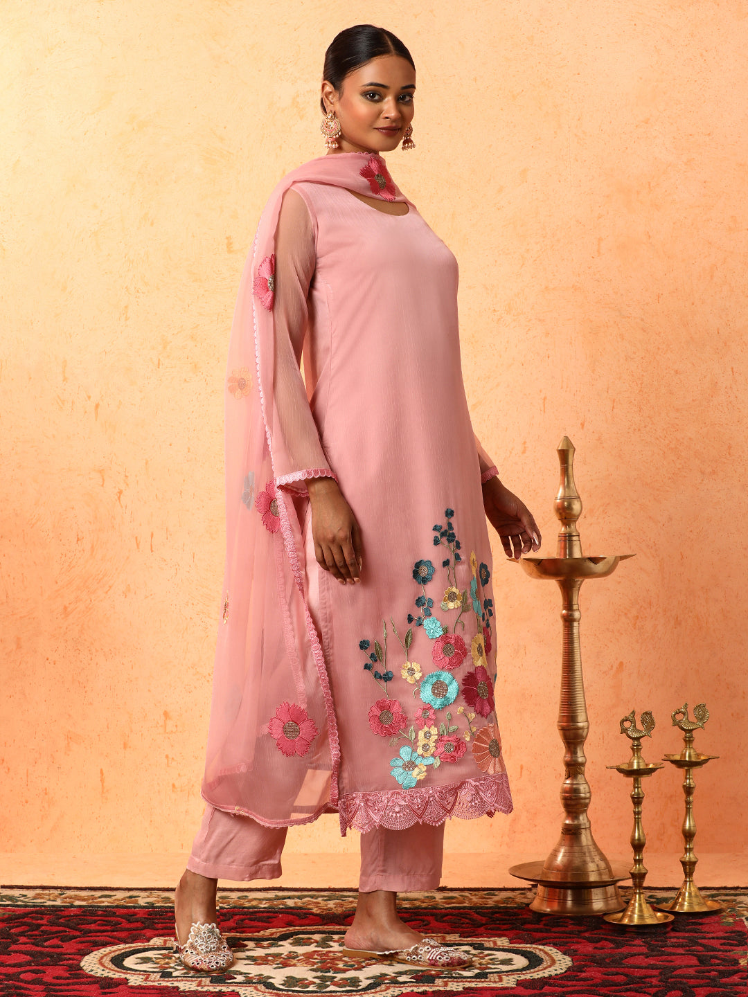 Floral Embroidered A-Line Organza Kurta & Trousers Sets