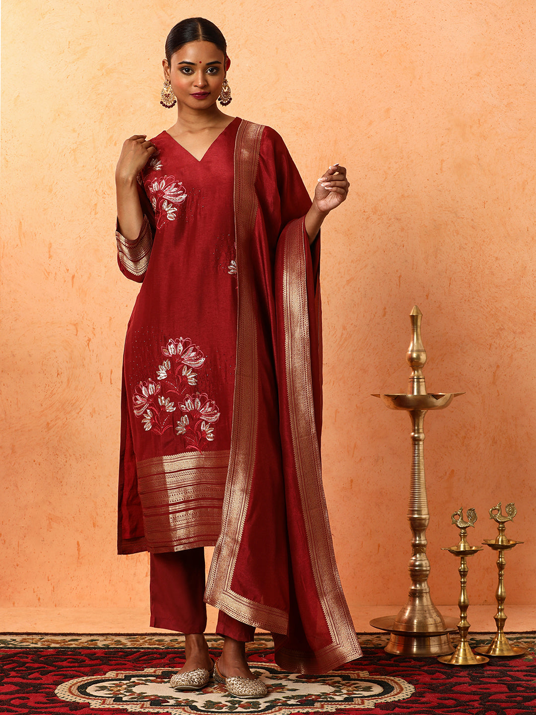 Floral Embroidered A-Line Silk Blend Kurta & Trousers Sets