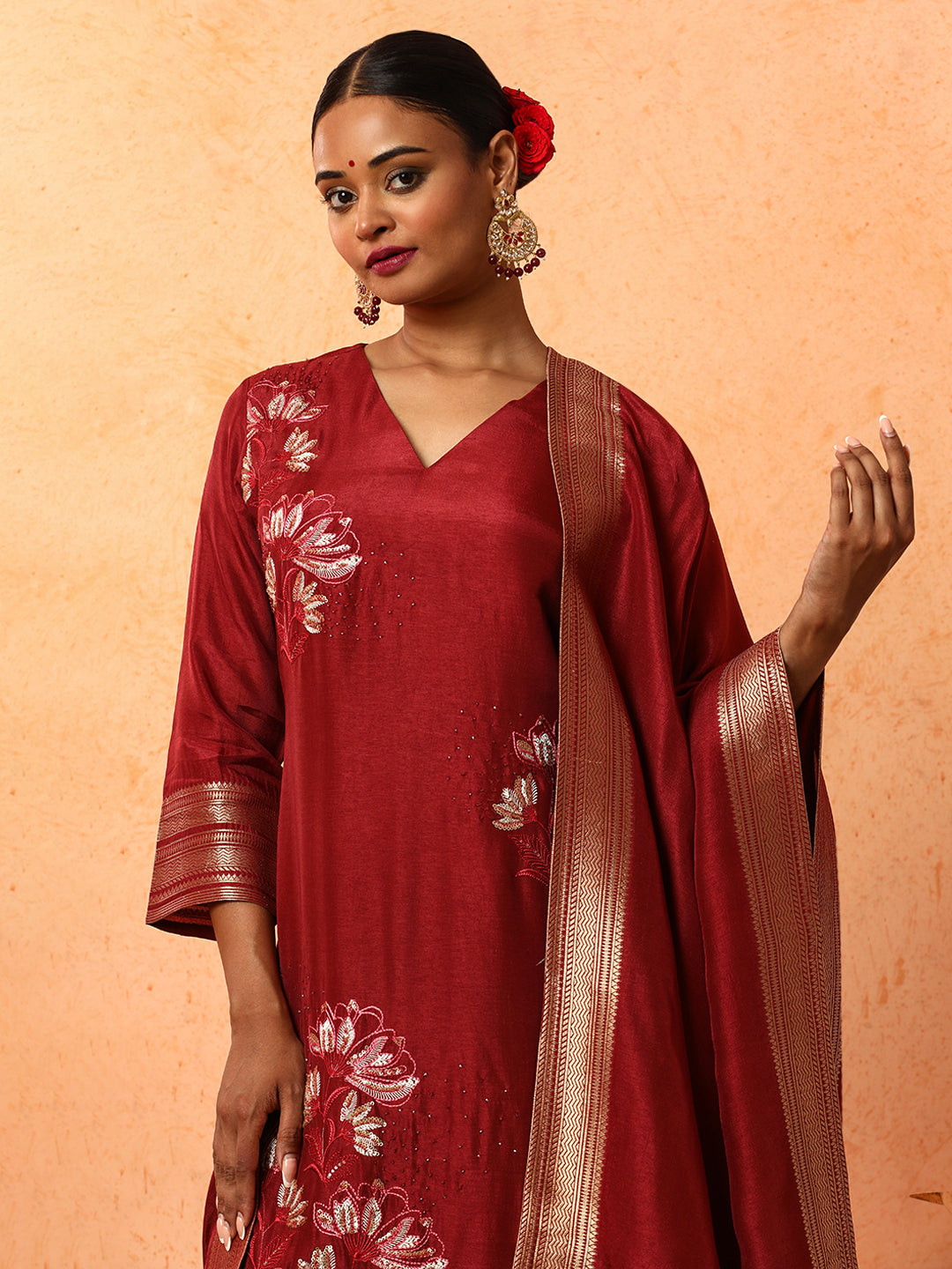 Floral Embroidered A-Line Silk Blend Kurta & Trousers Sets
