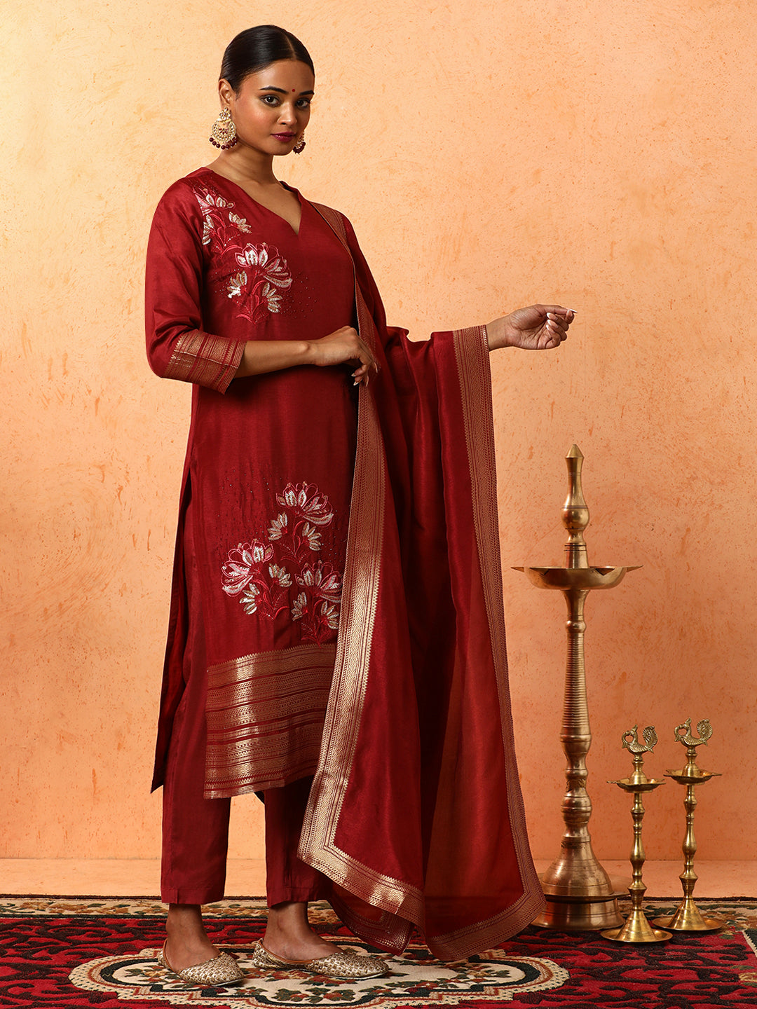 Floral Embroidered A-Line Silk Blend Kurta & Trousers Sets