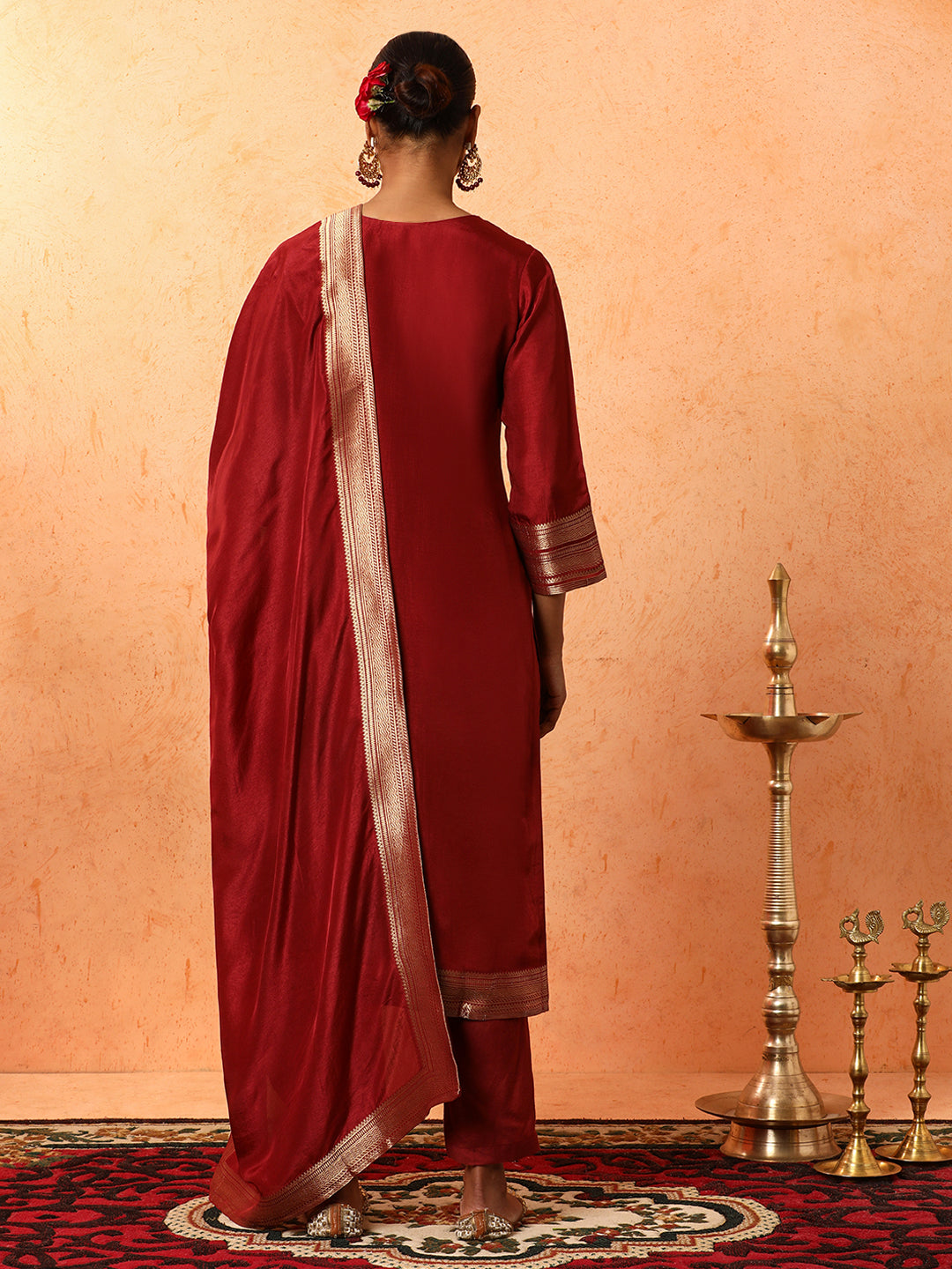 Floral Embroidered A-Line Silk Blend Kurta & Trousers Sets