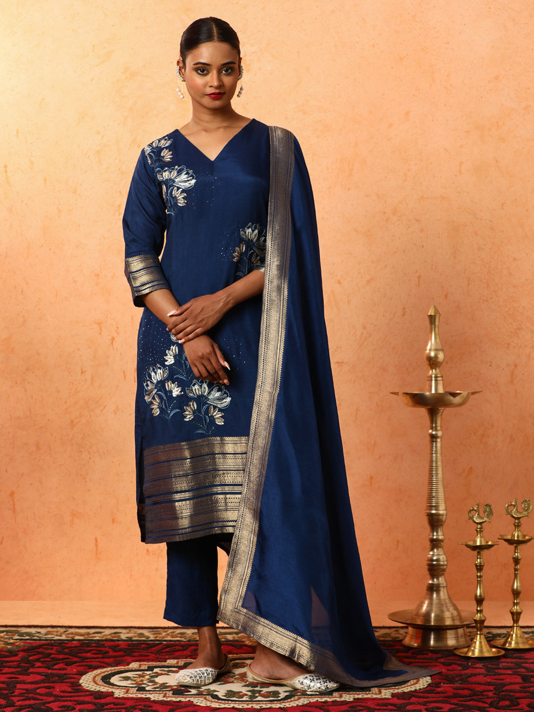 Floral Embroidered A-Line Silk Blend Kurta & Trousers Sets