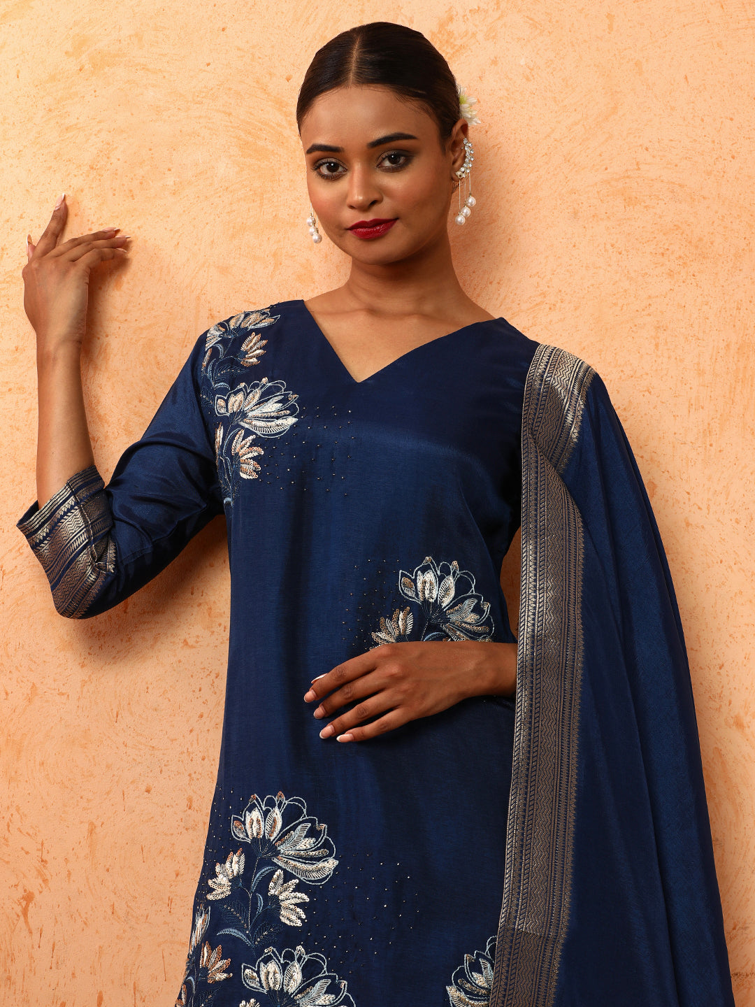 Floral Embroidered A-Line Silk Blend Kurta & Trousers Sets