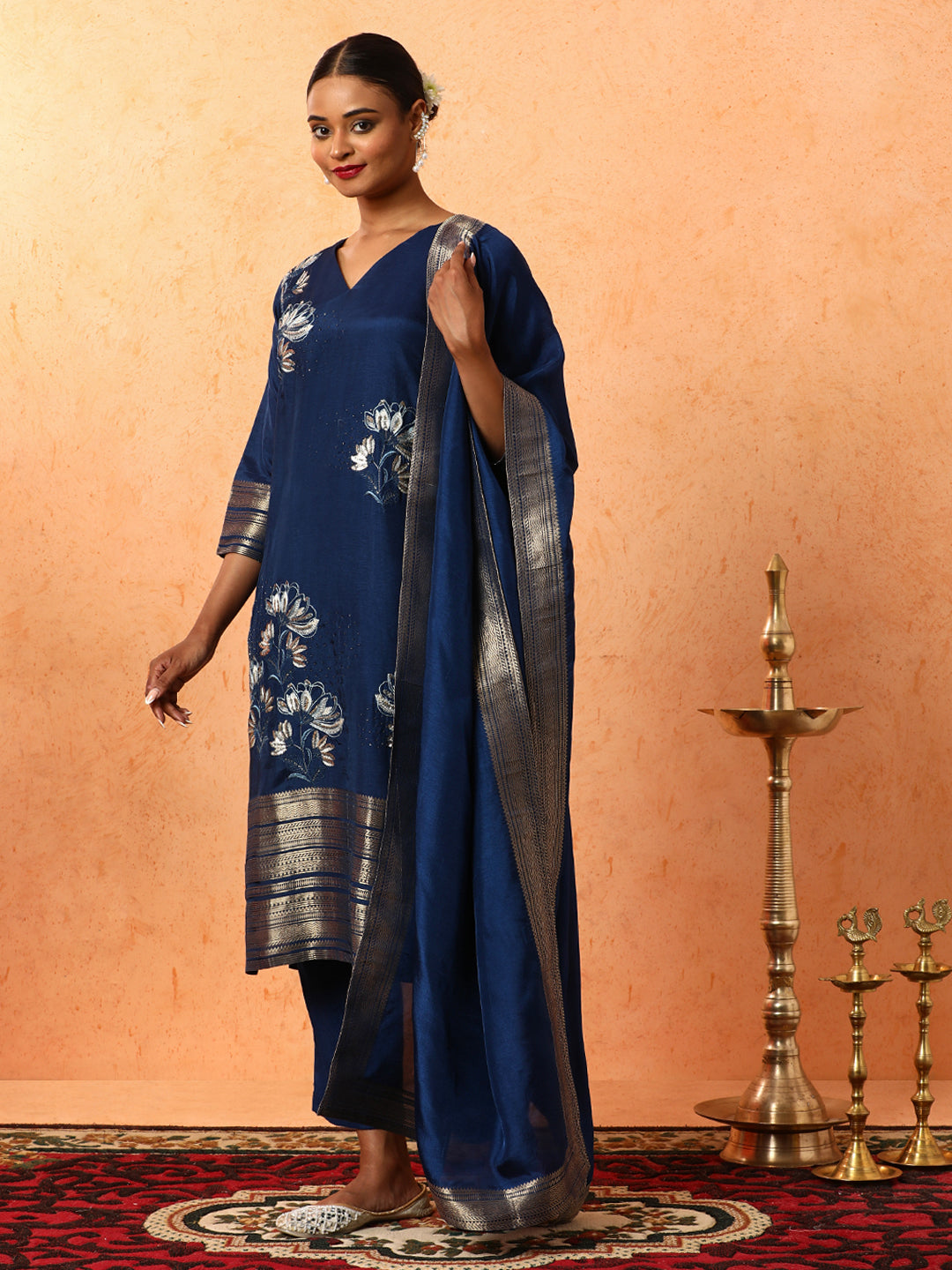 Floral Embroidered A-Line Silk Blend Kurta & Trousers Sets