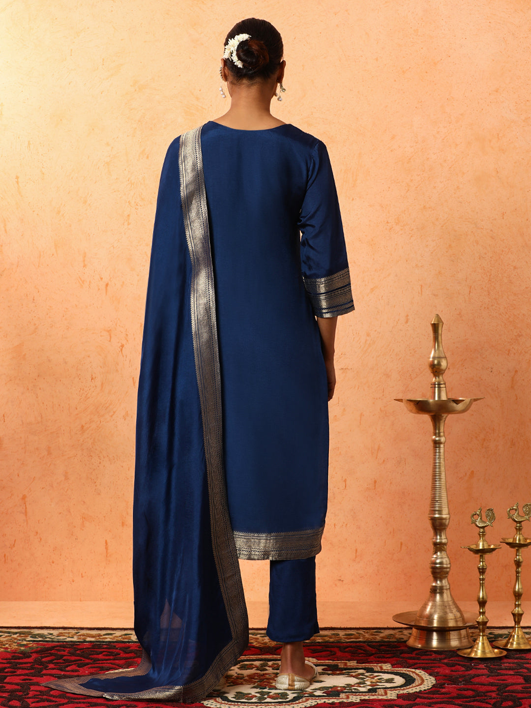 Floral Embroidered A-Line Silk Blend Kurta & Trousers Sets