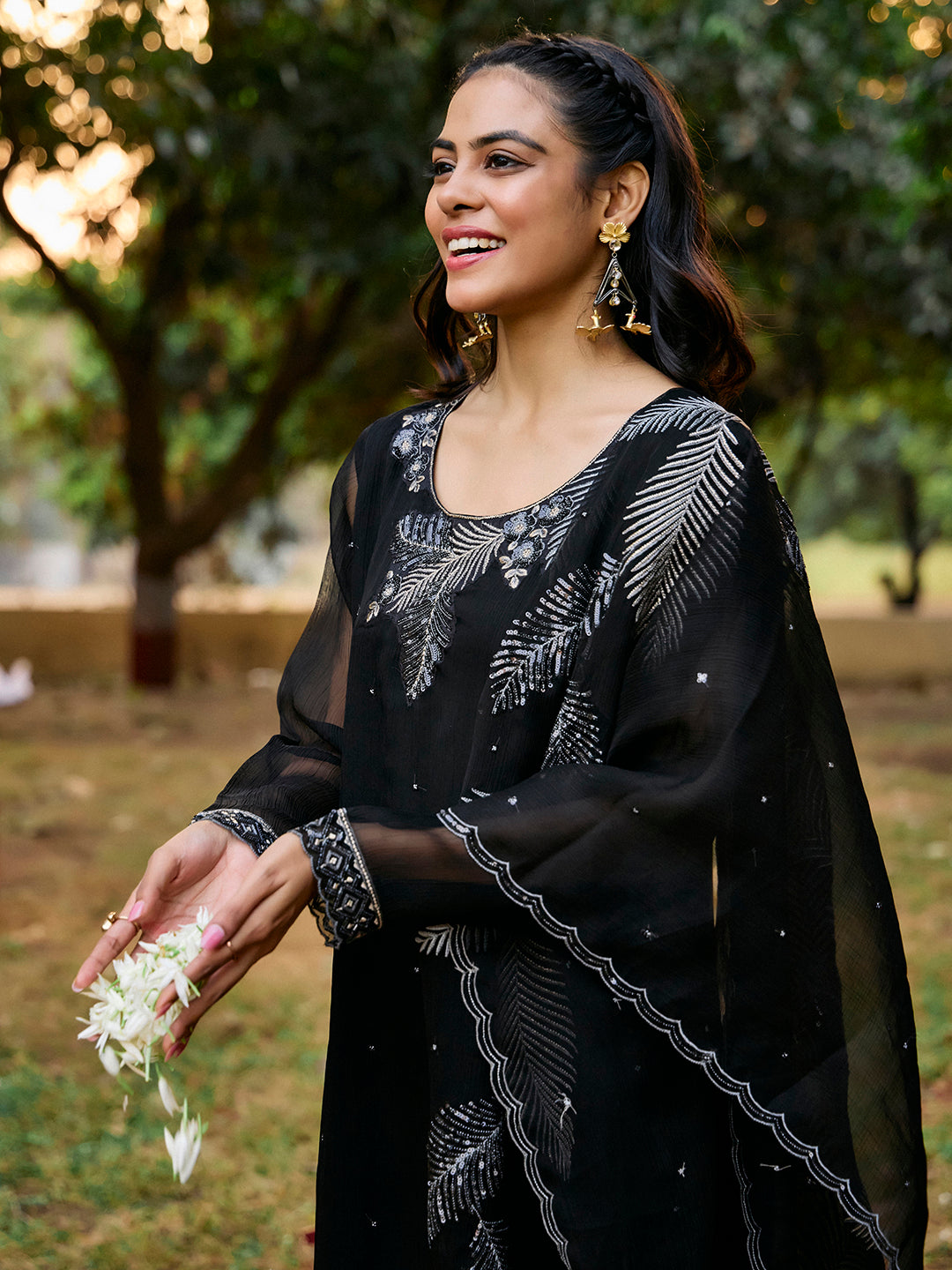 Floral Embroidered Straight Organza Kurta & Trousers Sets