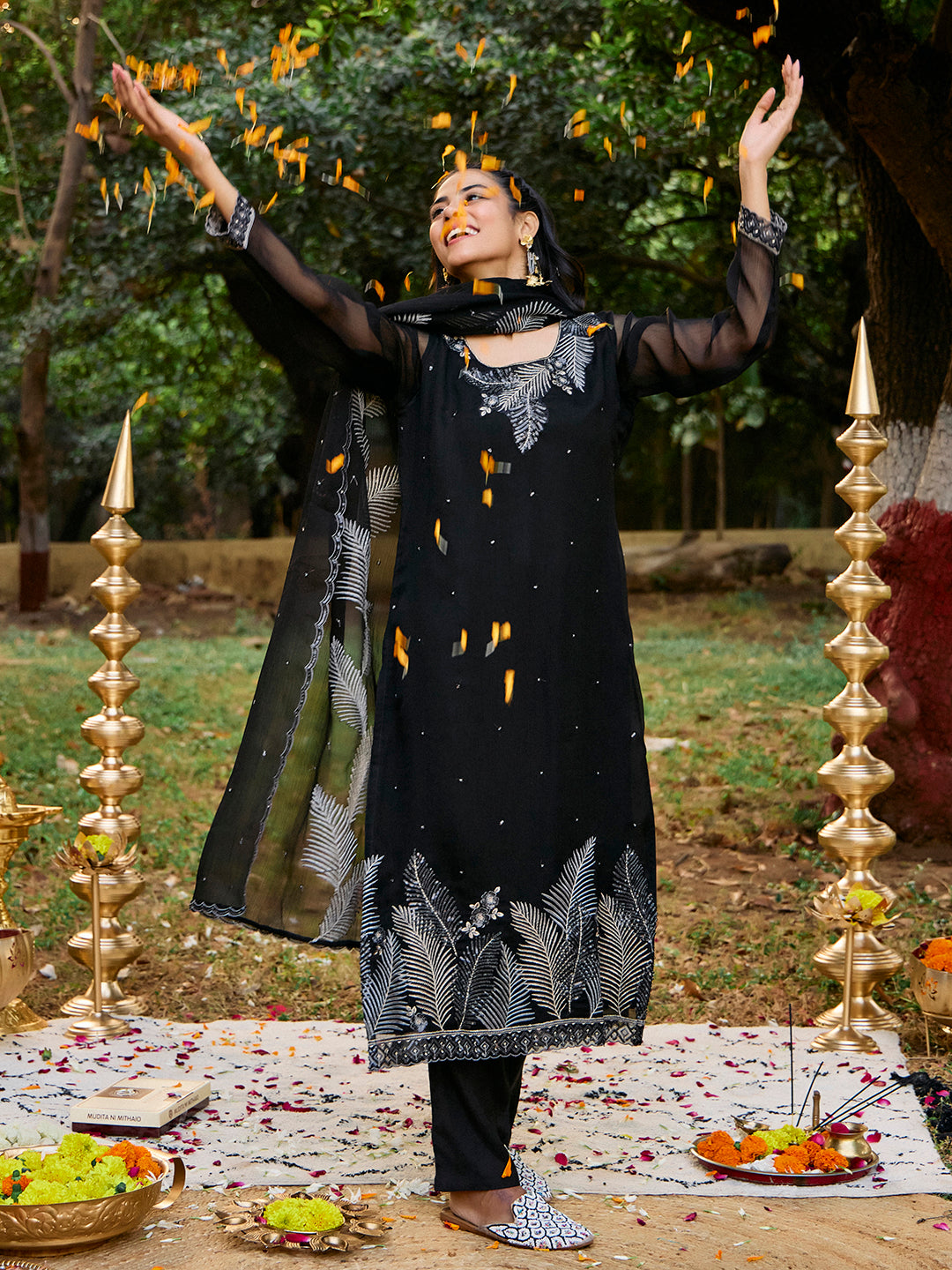 Floral Embroidered Straight Organza Kurta & Trousers Sets