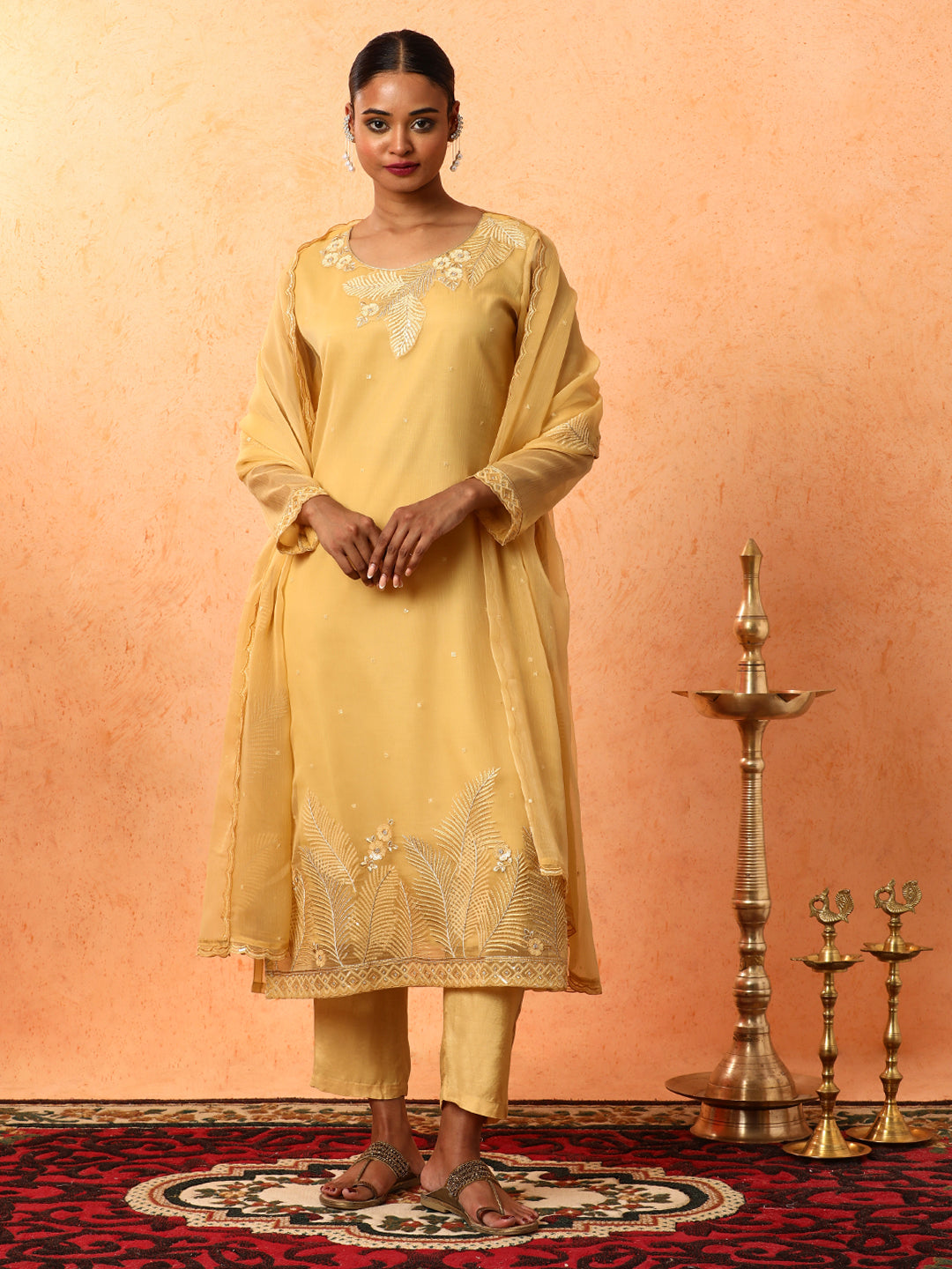 Floral Embroidered A-Line Organza Kurta & Trousers Sets