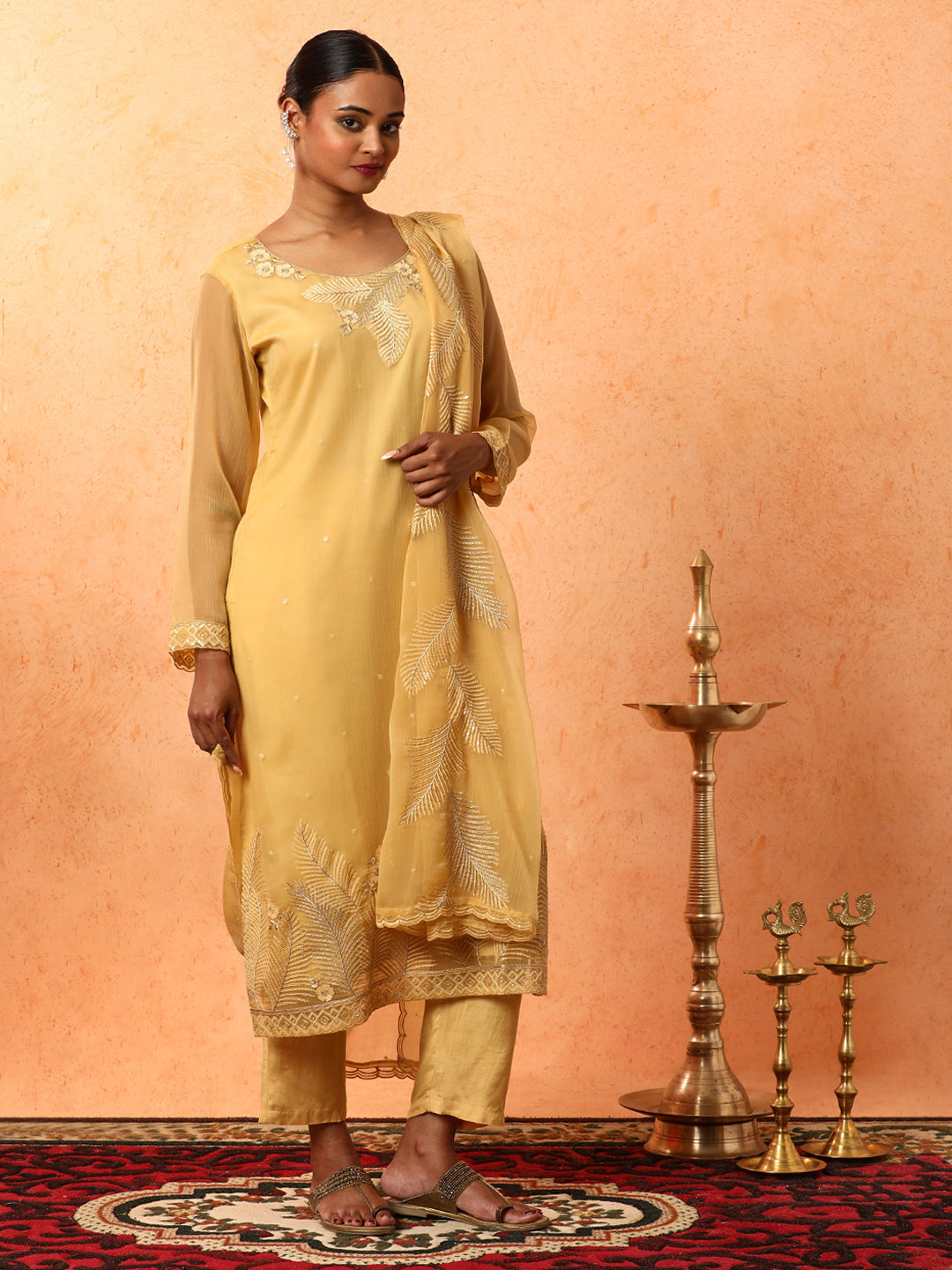 Floral Embroidered A-Line Organza Kurta & Trousers Sets