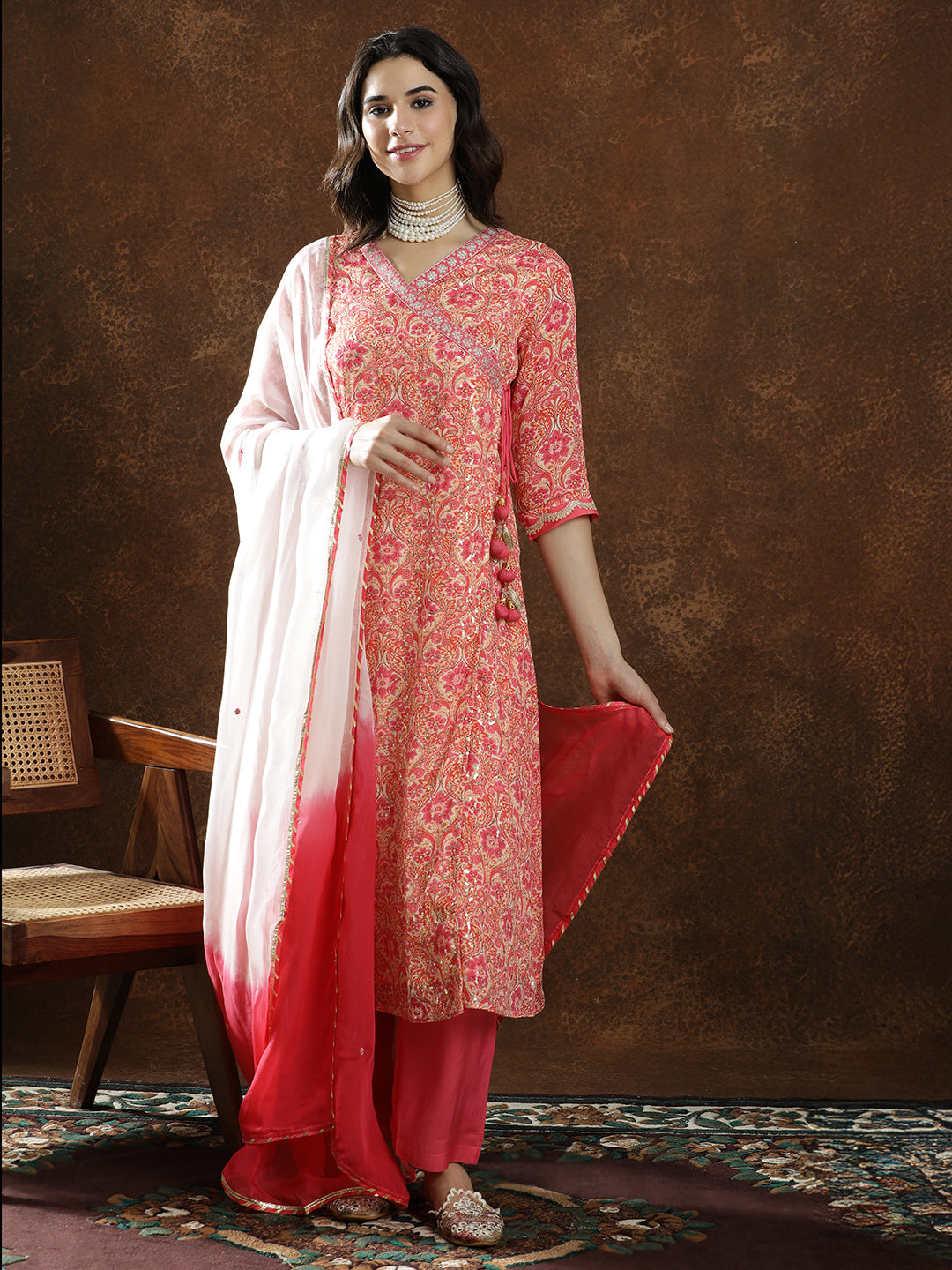Floral Embroidered A-Line Kurta & Trousers Sets