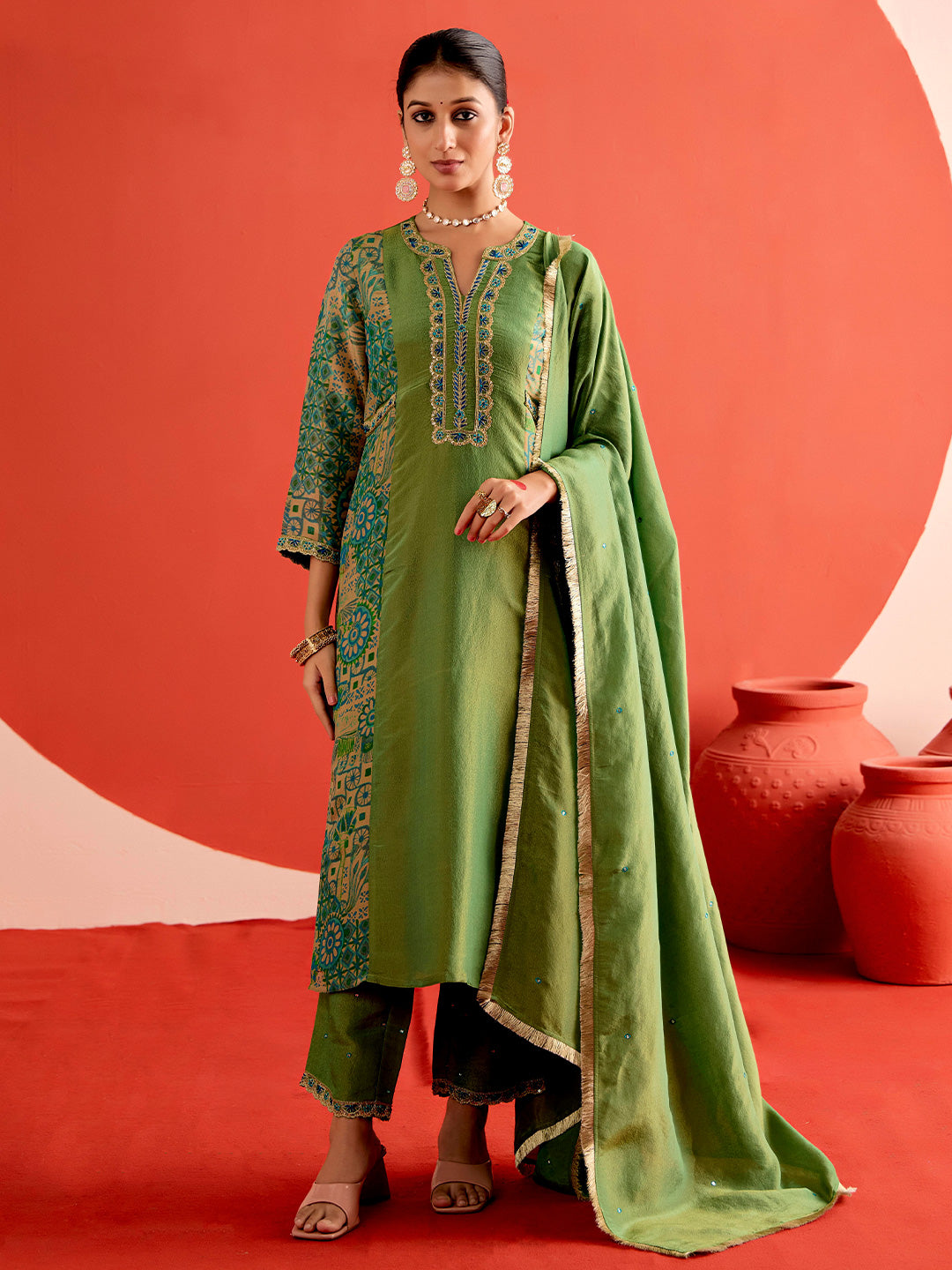 Floral Embroidered Straight Tissue Kurta & Trousers Sets