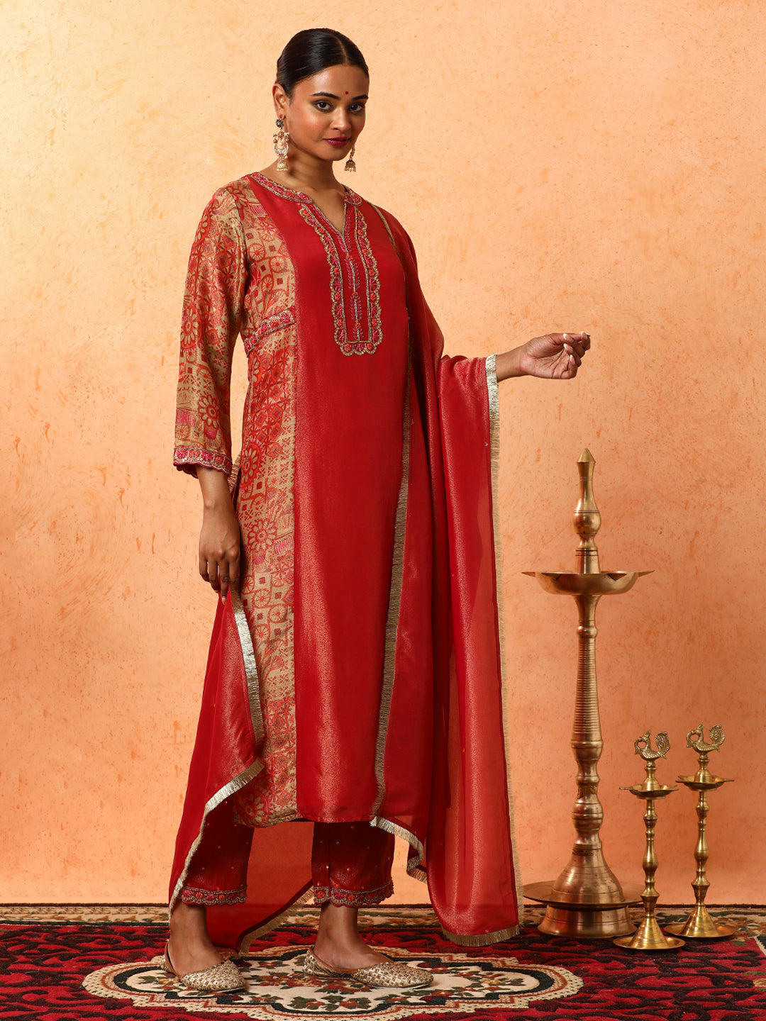 Floral Embroidered A-Line Silk Blend Kurta & Trousers Sets