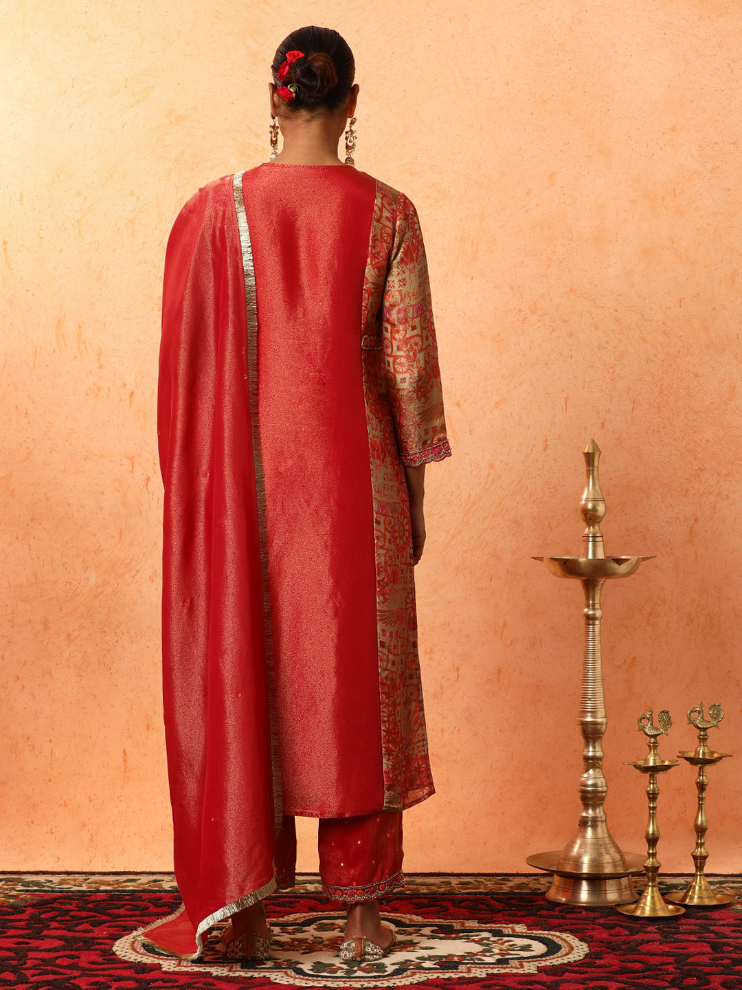 Floral Embroidered A-Line Silk Blend Kurta & Trousers Sets