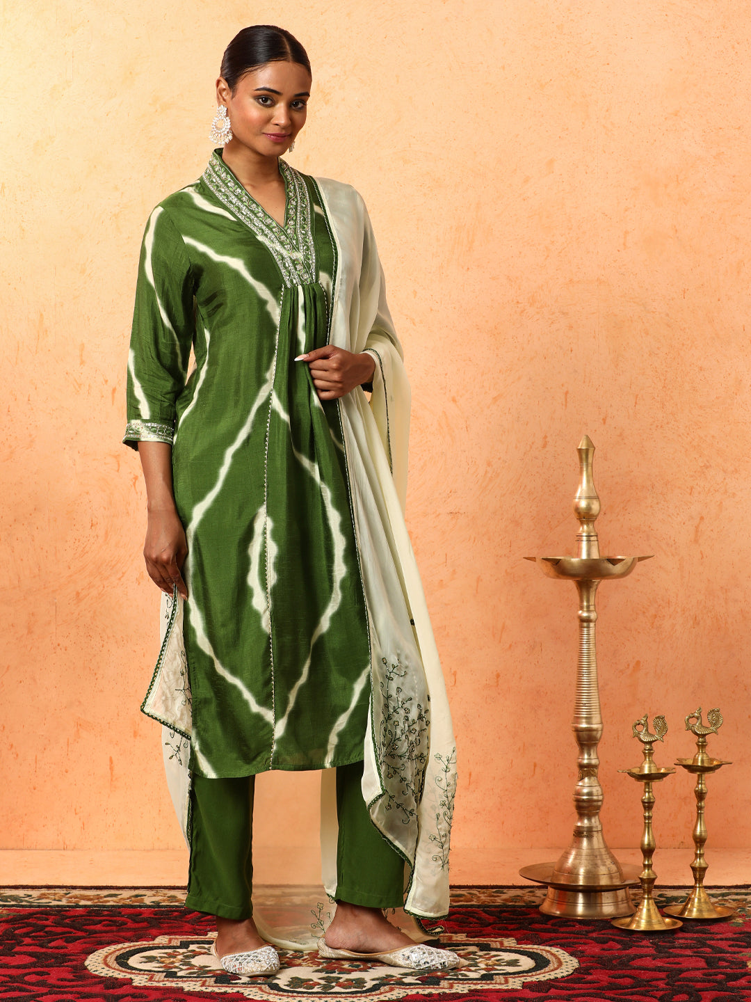 Floral Embroidered A-Line Silk Blend Kurta & Trousers Sets