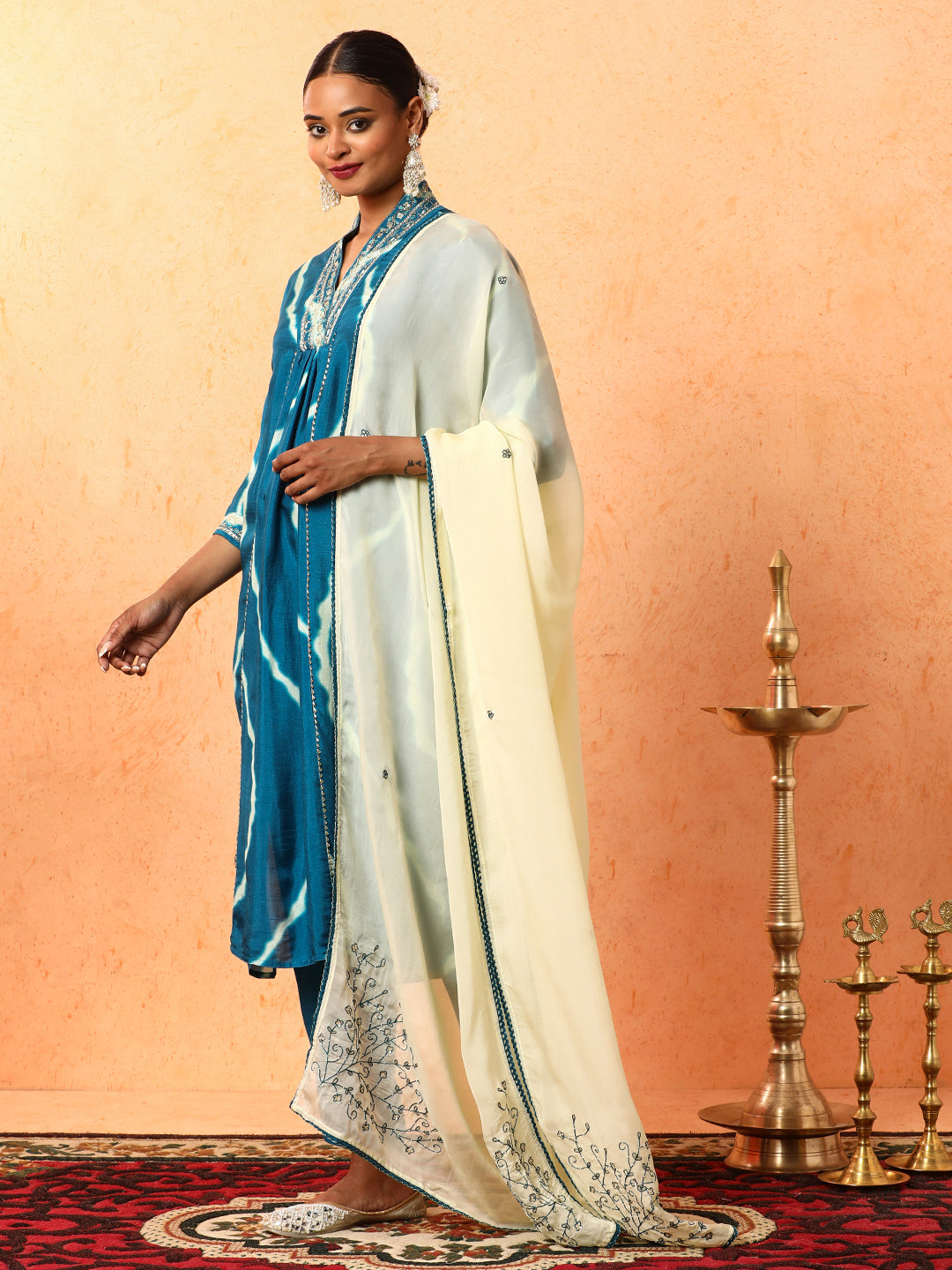 Floral Embroidered A-Line Silk Blend Kurta & Trousers Sets