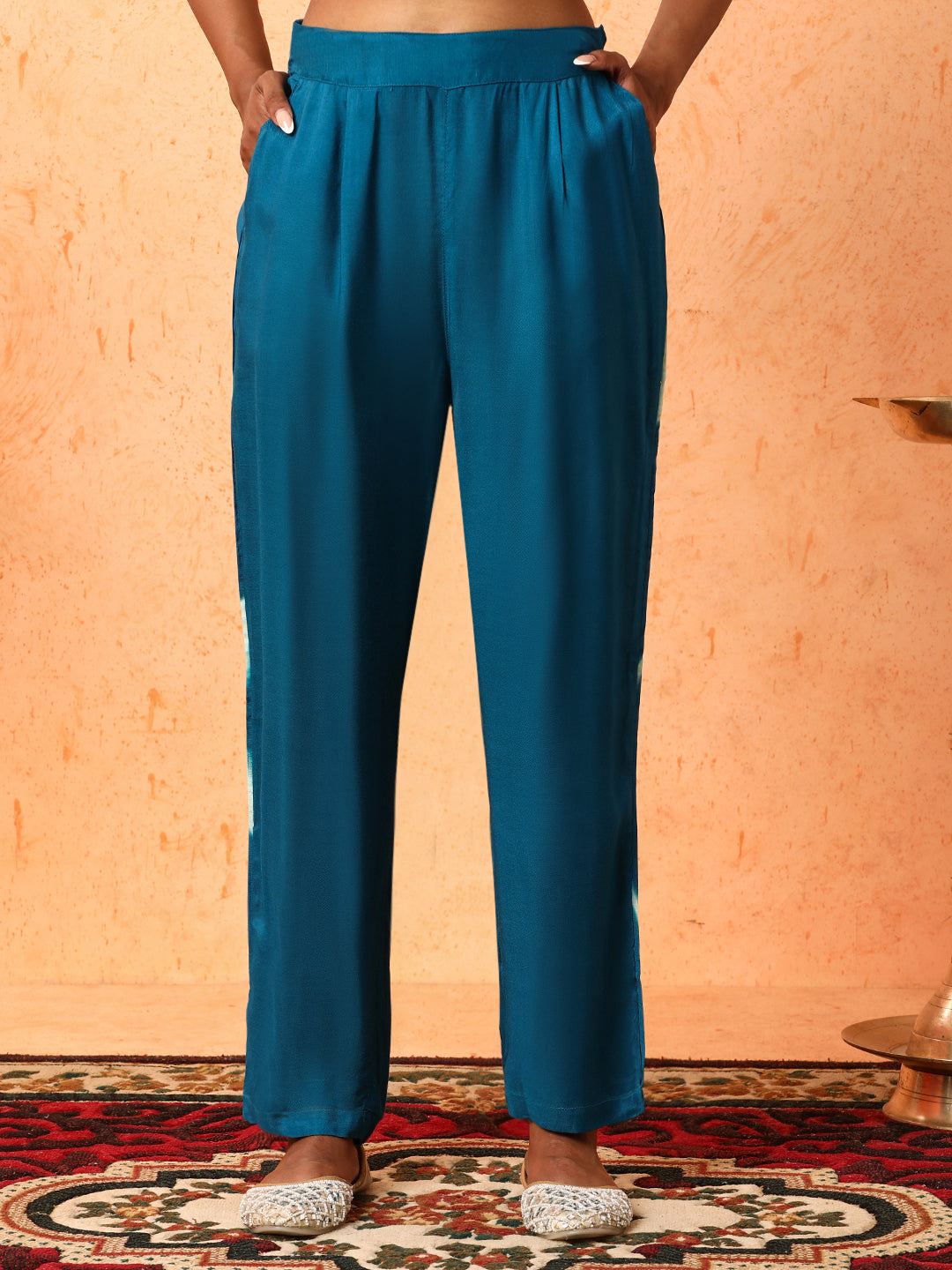 Floral Embroidered A-Line Silk Blend Kurta & Trousers Sets