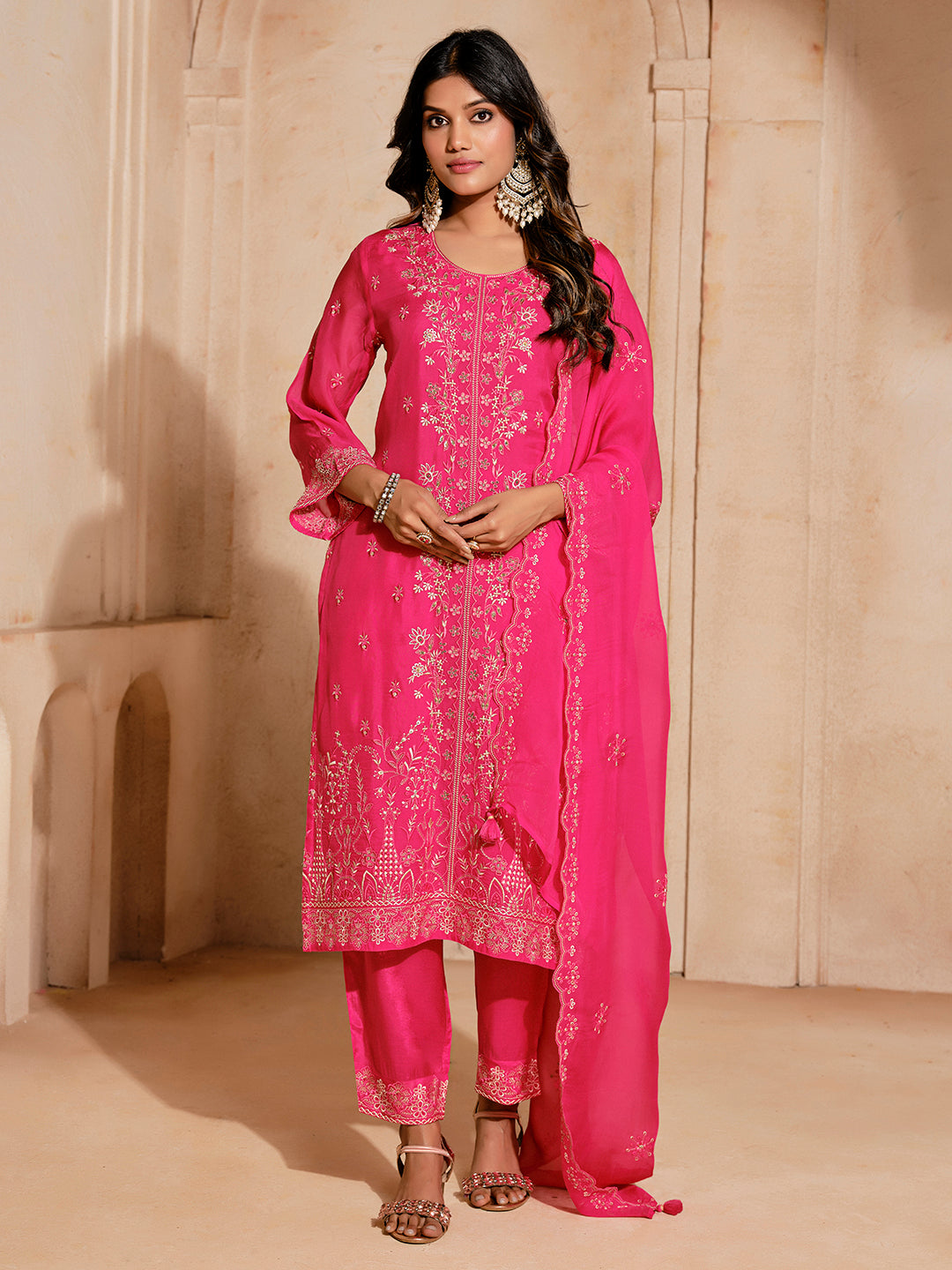 Jacquard Mirror Work Festive Kurta Set With Dupatta