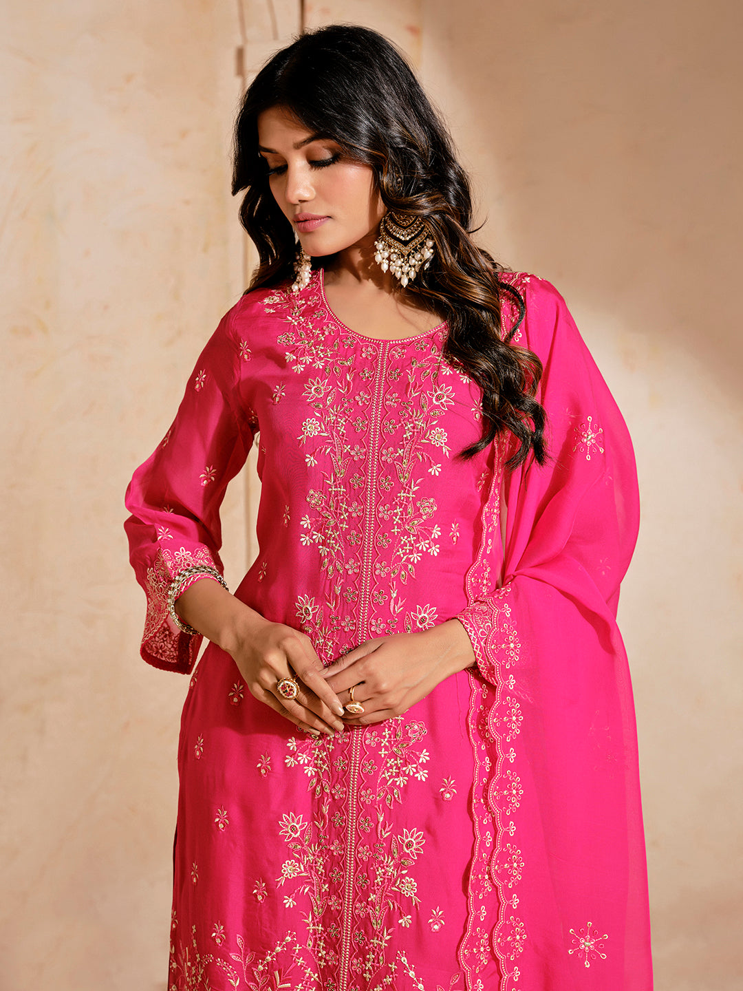 Jacquard Mirror Work Festive Kurta Set With Dupatta