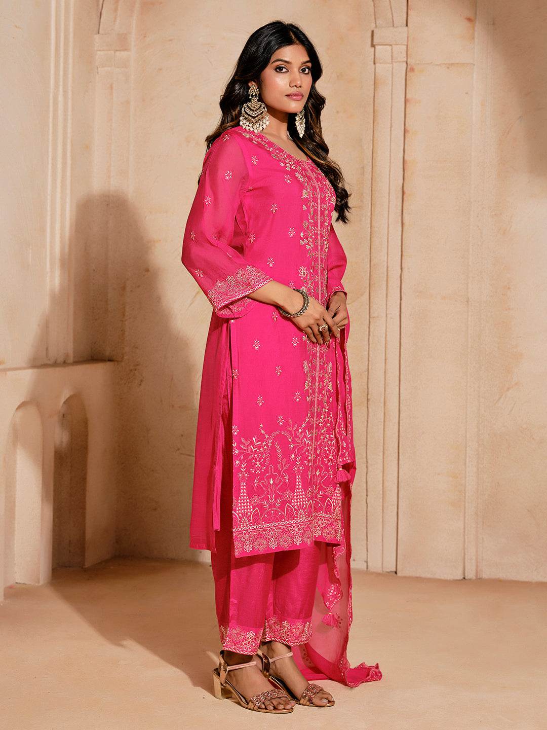 Jacquard Mirror Work Festive Kurta Set With Dupatta