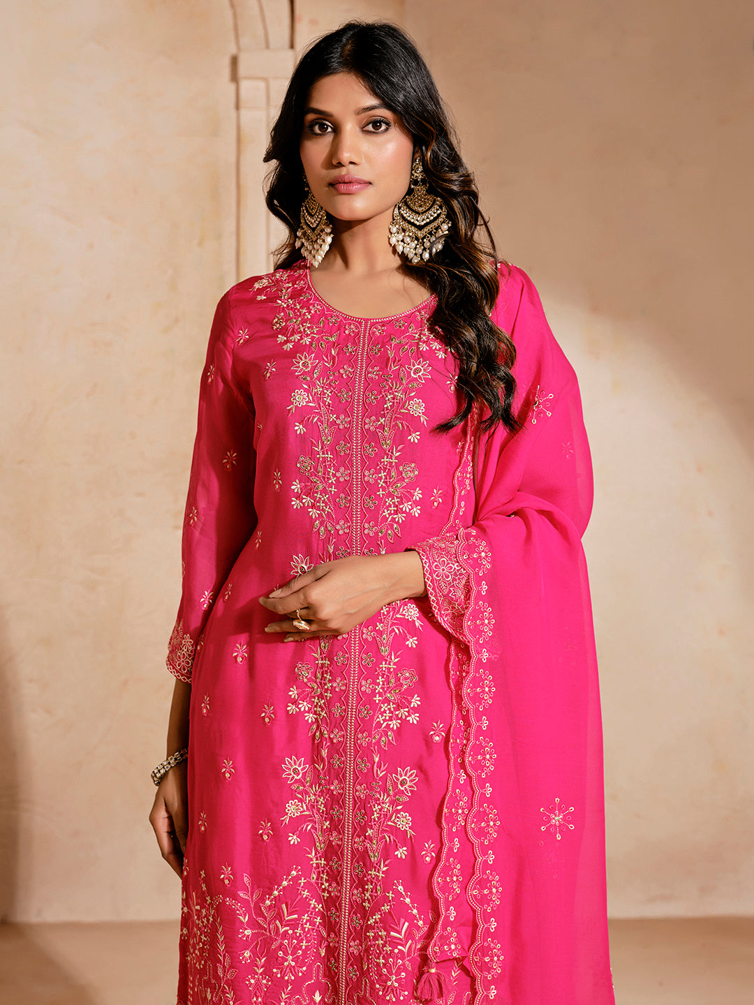 Jacquard Mirror Work Festive Kurta Set With Dupatta