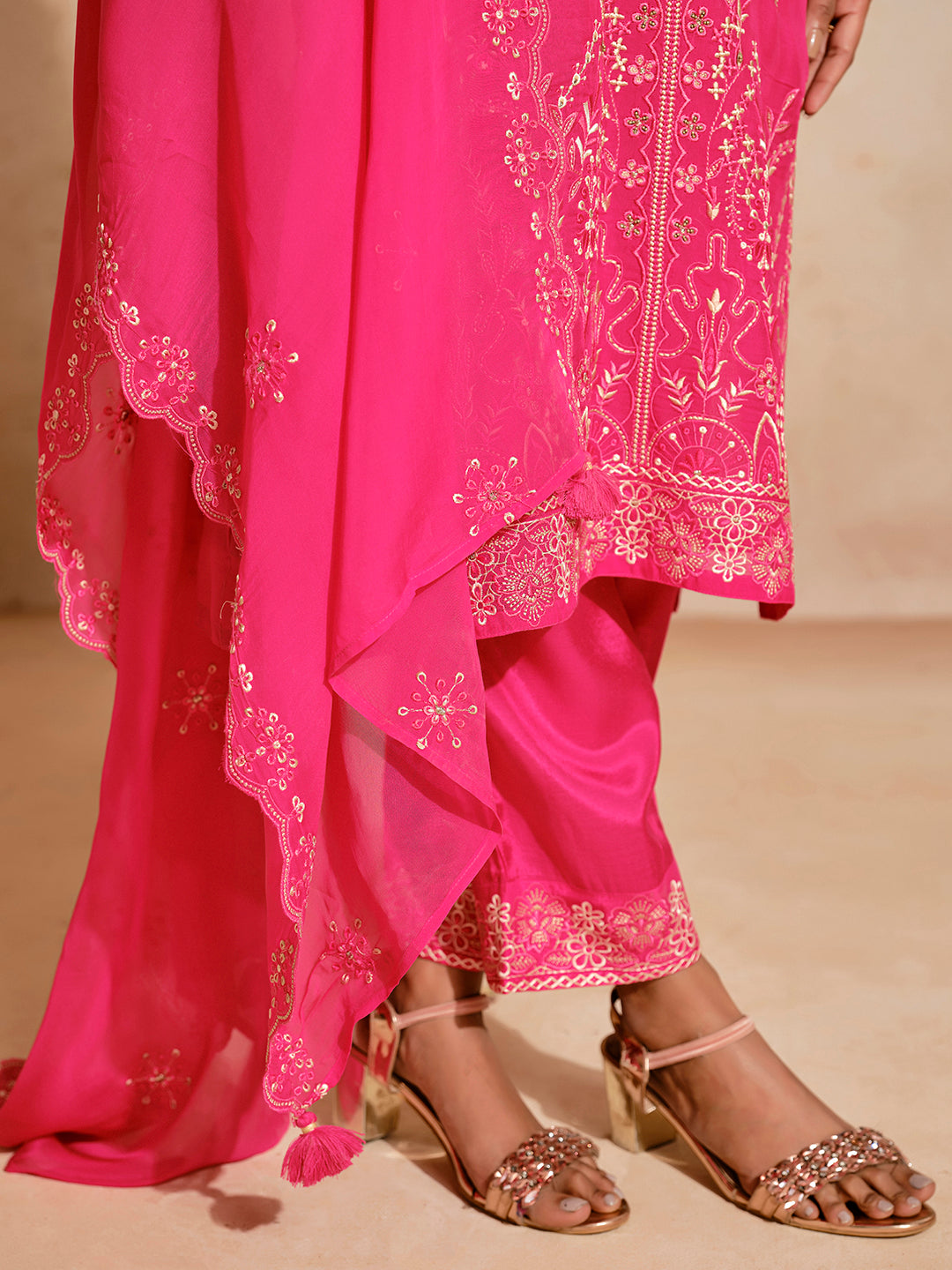 Jacquard Mirror Work Festive Kurta Set With Dupatta