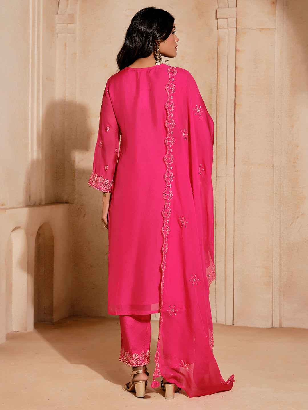 Jacquard Mirror Work Festive Kurta Set With Dupatta