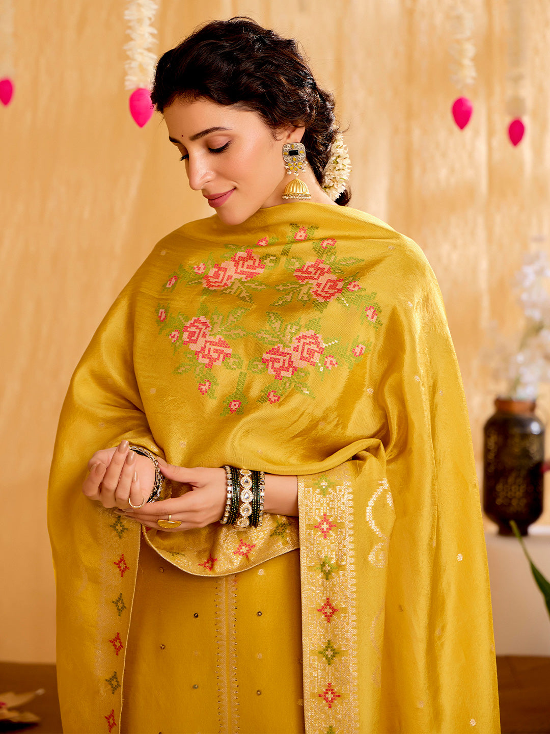 Floral Embroidered Straight Organza Kurta & Trousers Sets