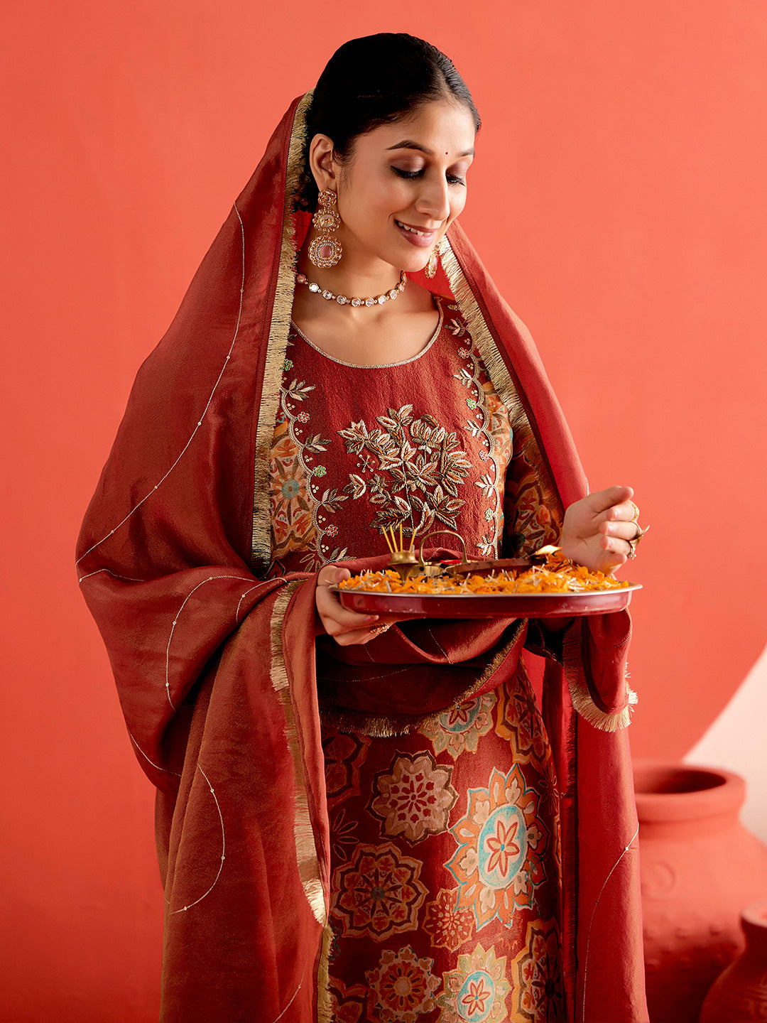 Floral Embroidered A-Line Tissue Kurta & Trousers Sets