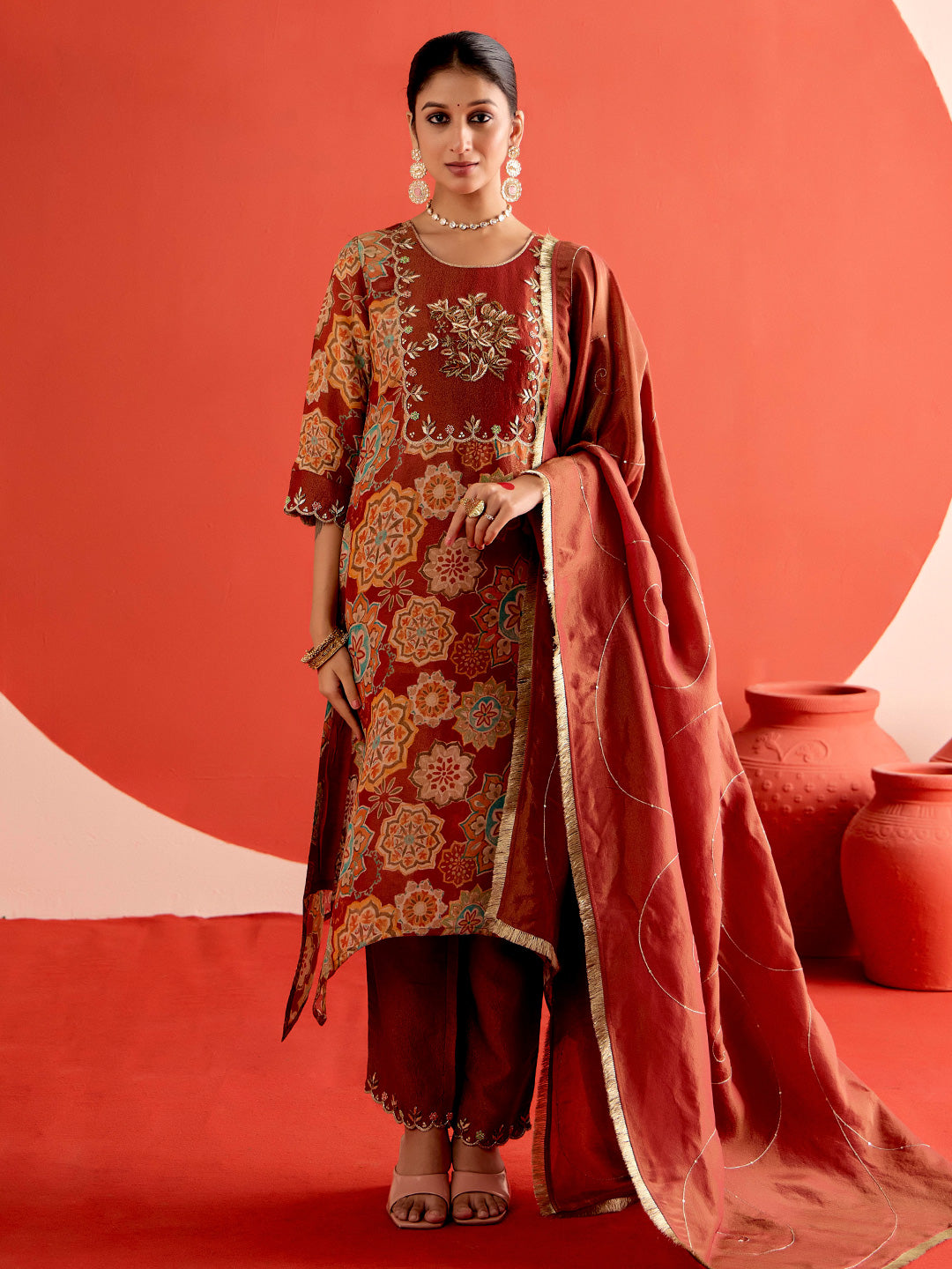 Floral Embroidered A-Line Tissue Kurta & Trousers Sets