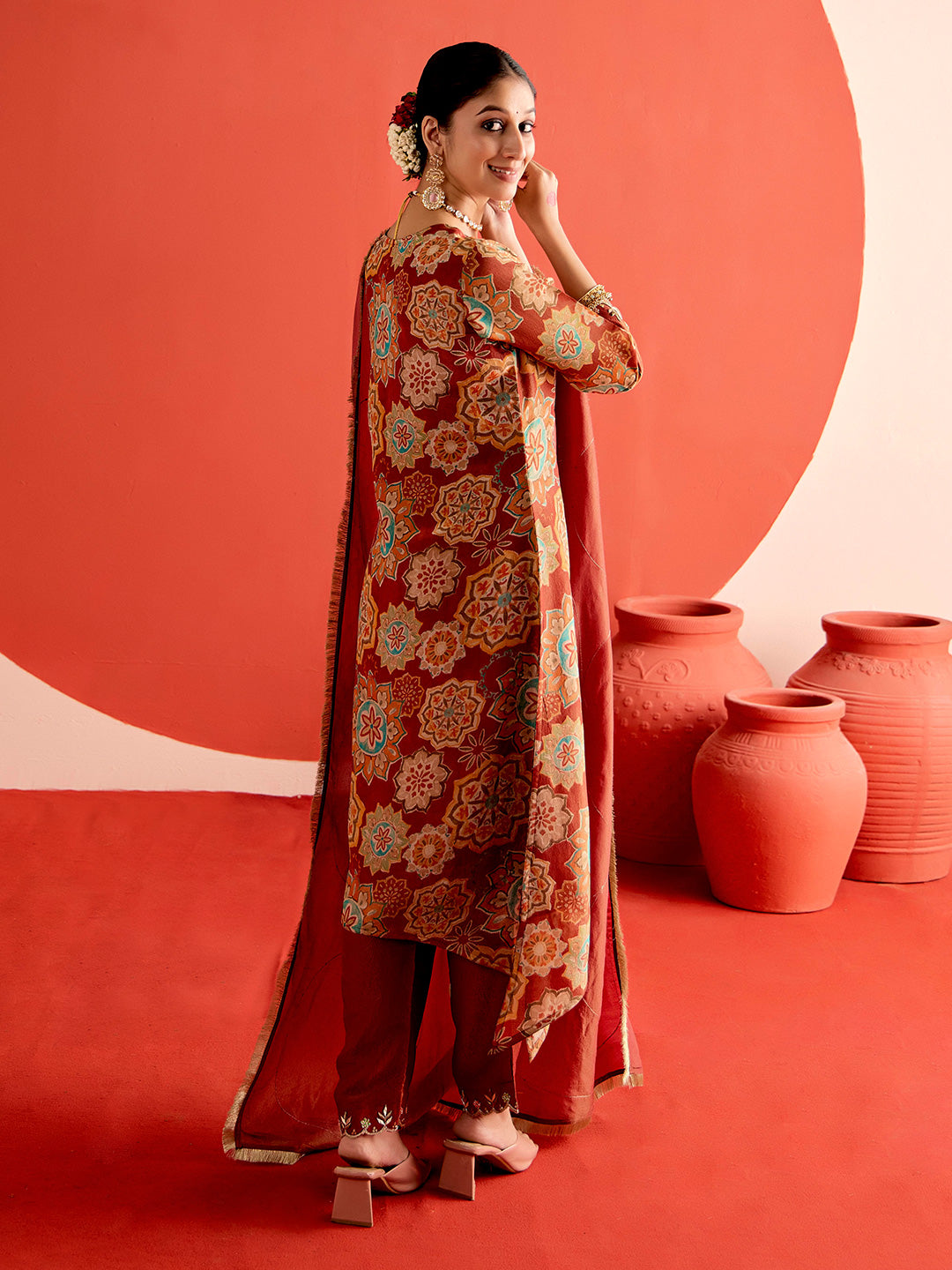 Floral Embroidered A-Line Tissue Kurta & Trousers Sets